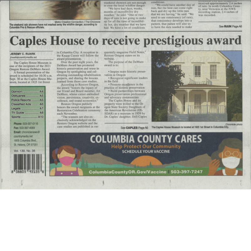 News clipping from the Oregonian about the Caples House and a recent award