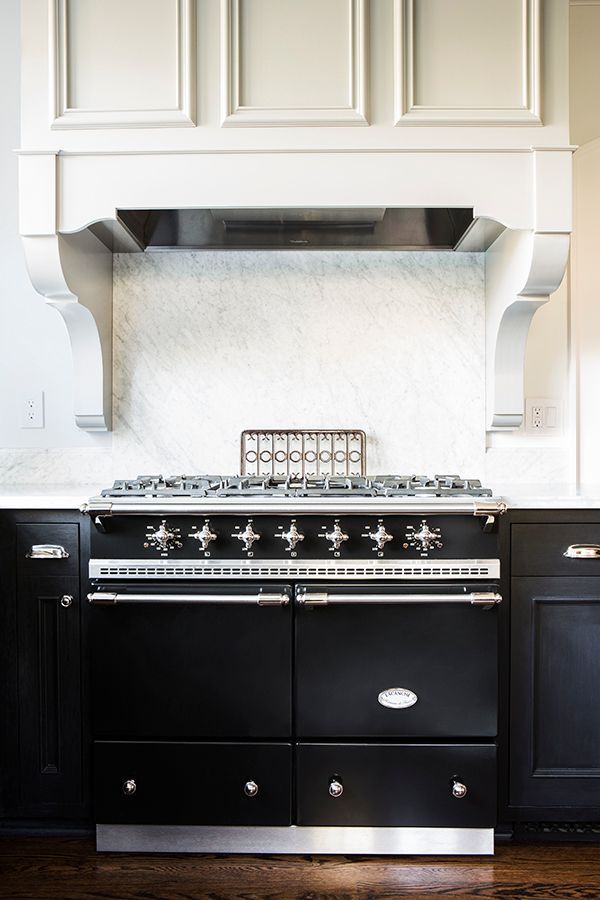 Closeup of the LaCanche range and custom range hood.