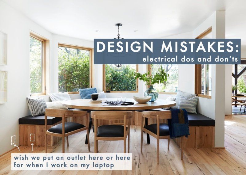 A dining room with a table and chairs and the words design mistakes electrical dos and don 'ts