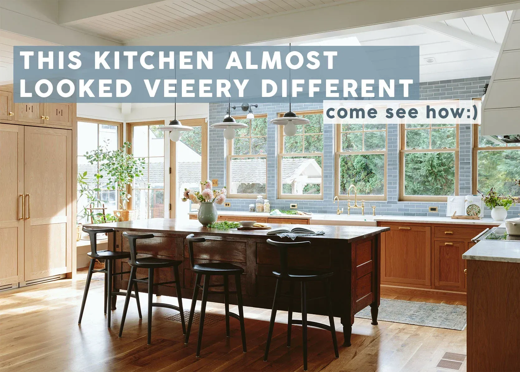 A kitchen with wooden cabinets and a large island
