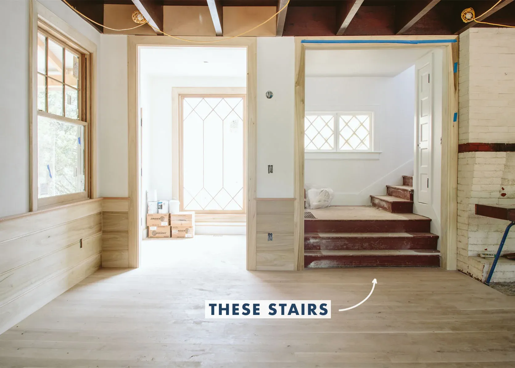 A room with stairs and a sign that says these stairs
