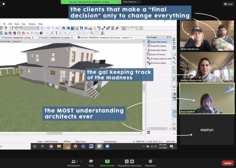 A group of people are having a video call with a house on the screen.
