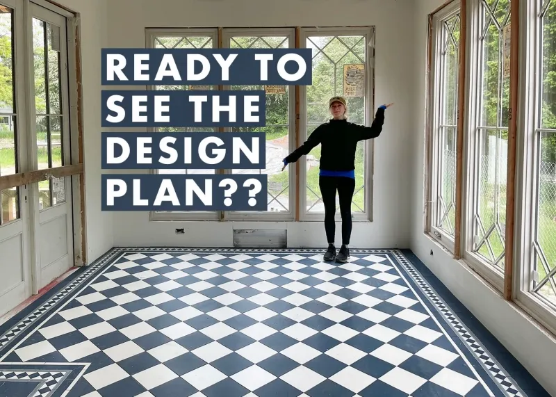 A woman is standing in a room with a checkered floor and the words