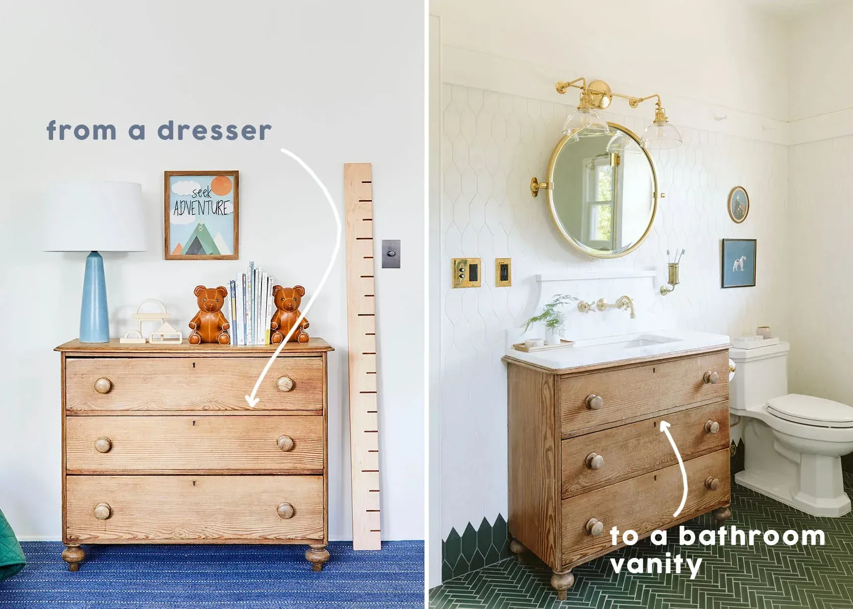 A before and after picture of a dresser being turned into a bathroom vanity.