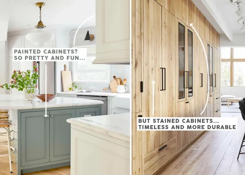 A kitchen with painted cabinets and stained cabinets.
