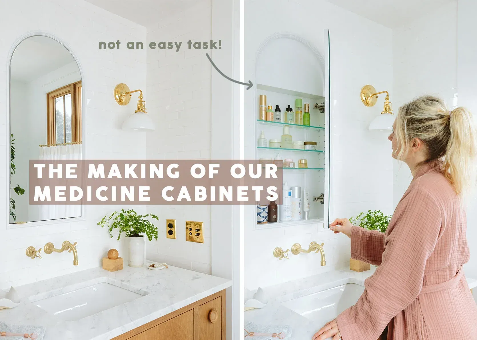 A woman is opening a medicine cabinet in a bathroom.