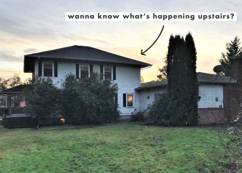 A picture of a house with the words wanna know what 's happening upstairs