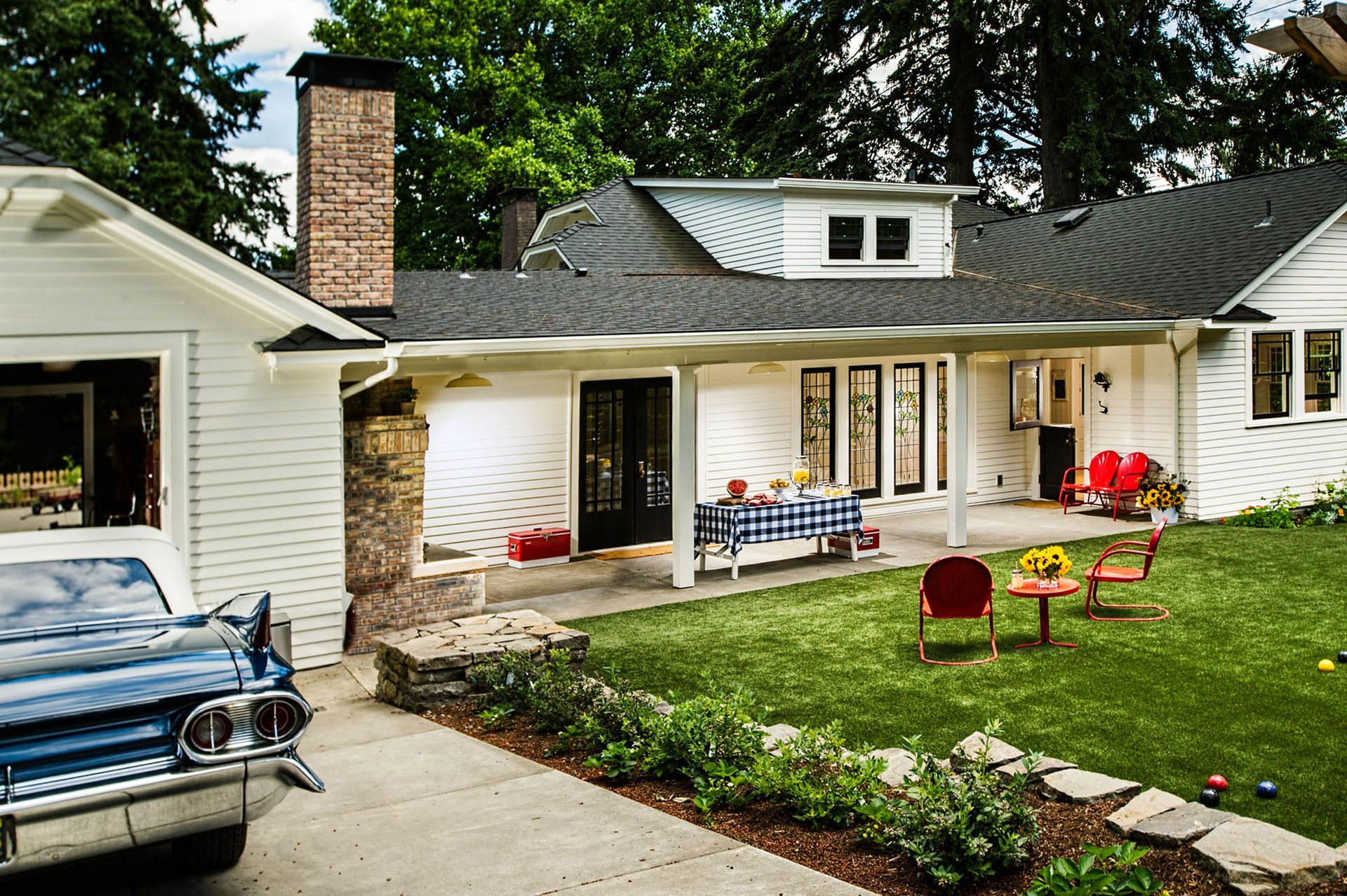 New garage added to 1920 bungalow has doors at both ends. 