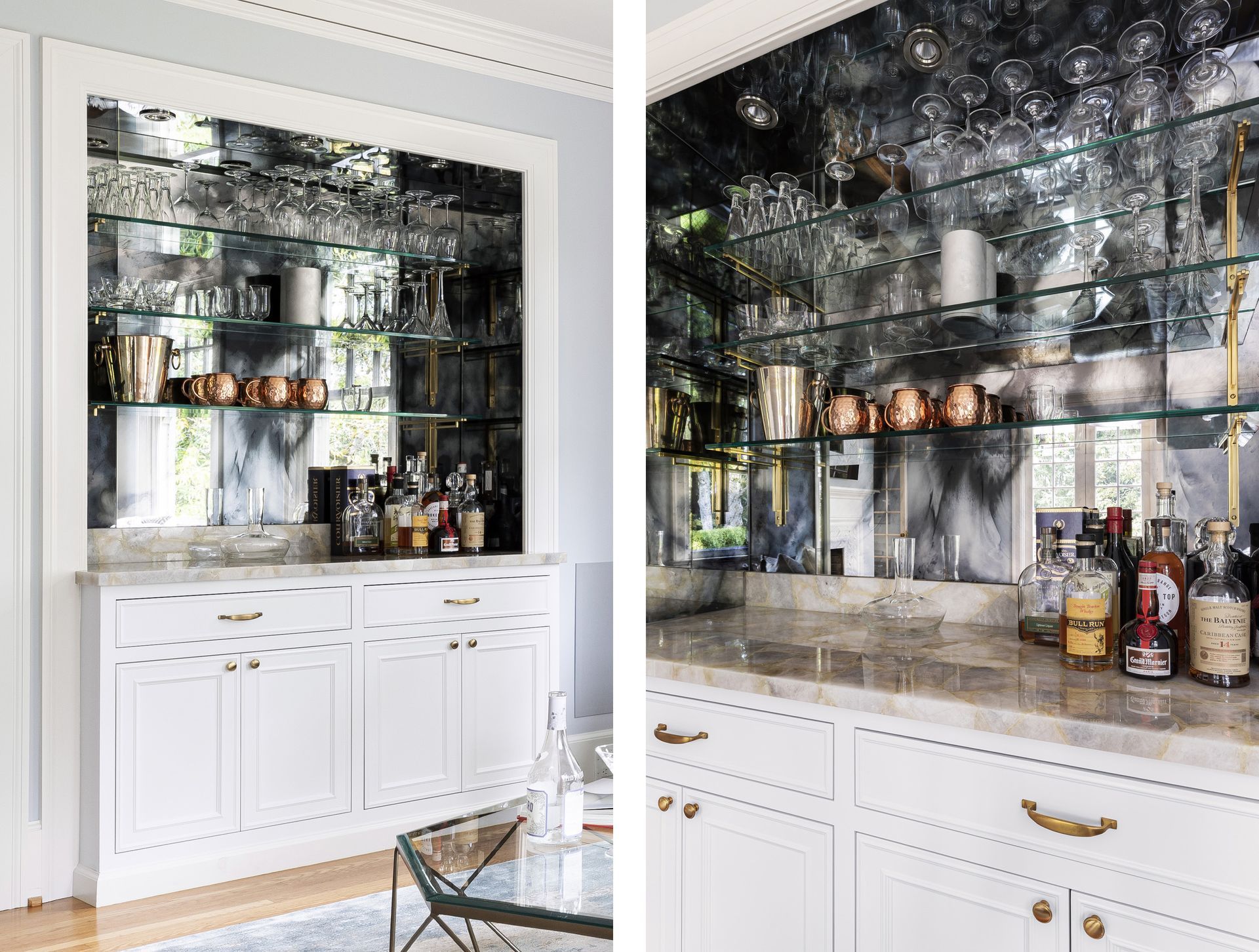 Inspired by a vintage pantry cabinet, this new built-in bar cabinet provides tons of extra storage for bar ware above as well as serving pieces below. 