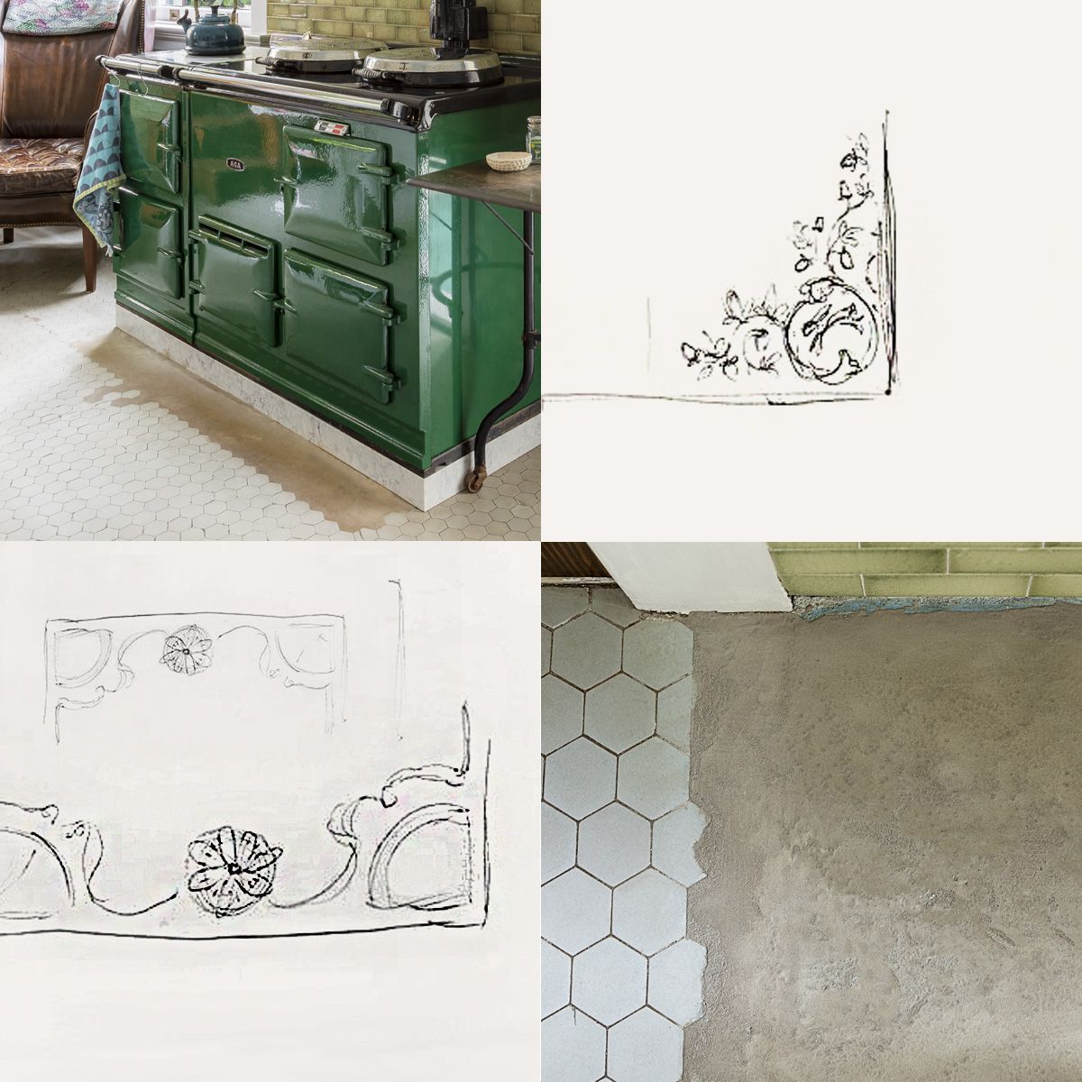 Brainstorming decorative pattern ideas for the unfinished portions of our 120 year old tile floor.