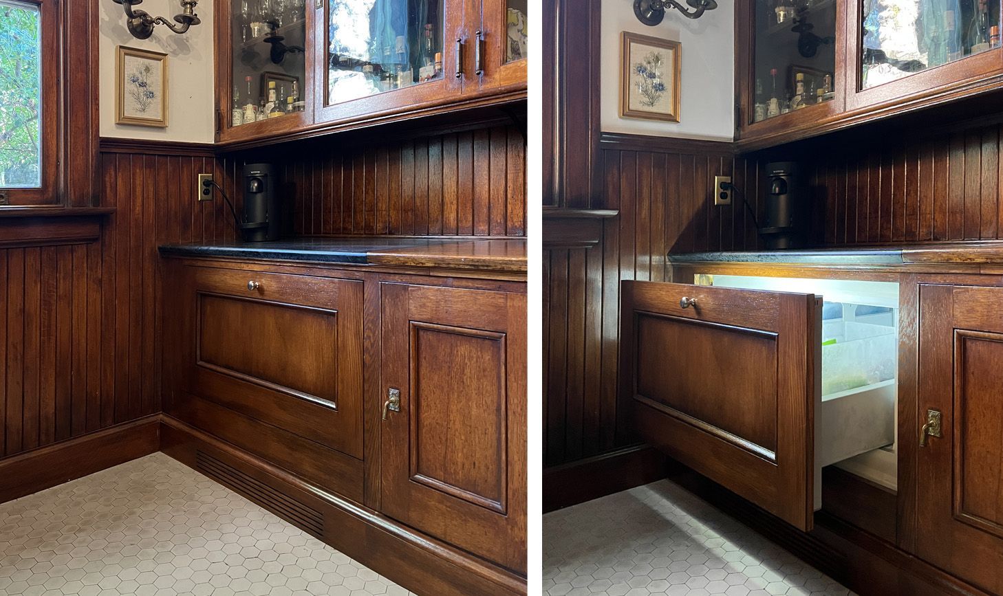 For a 1904 Colonial Revival in Portland's Alphabet District, Arciform artfully integrated modern appliances into the restored period kitchen. A freezer drawer is tucked into the pantry and a former icebox was converted into a custom refrigerator.