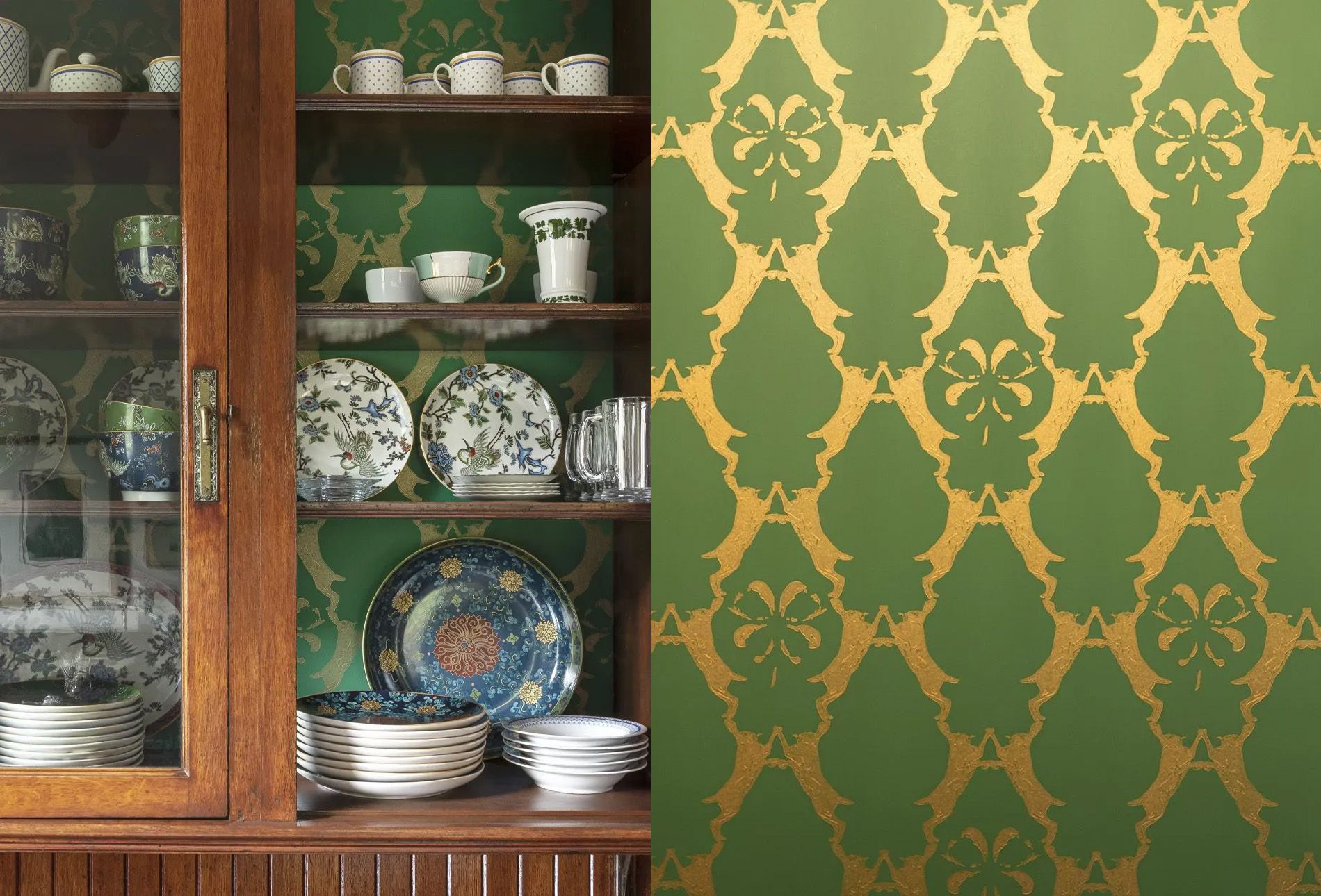 Original oak cabinets with elaborate hardware and whimsical Barneby Gates wallpaper behind the eclectic China within.