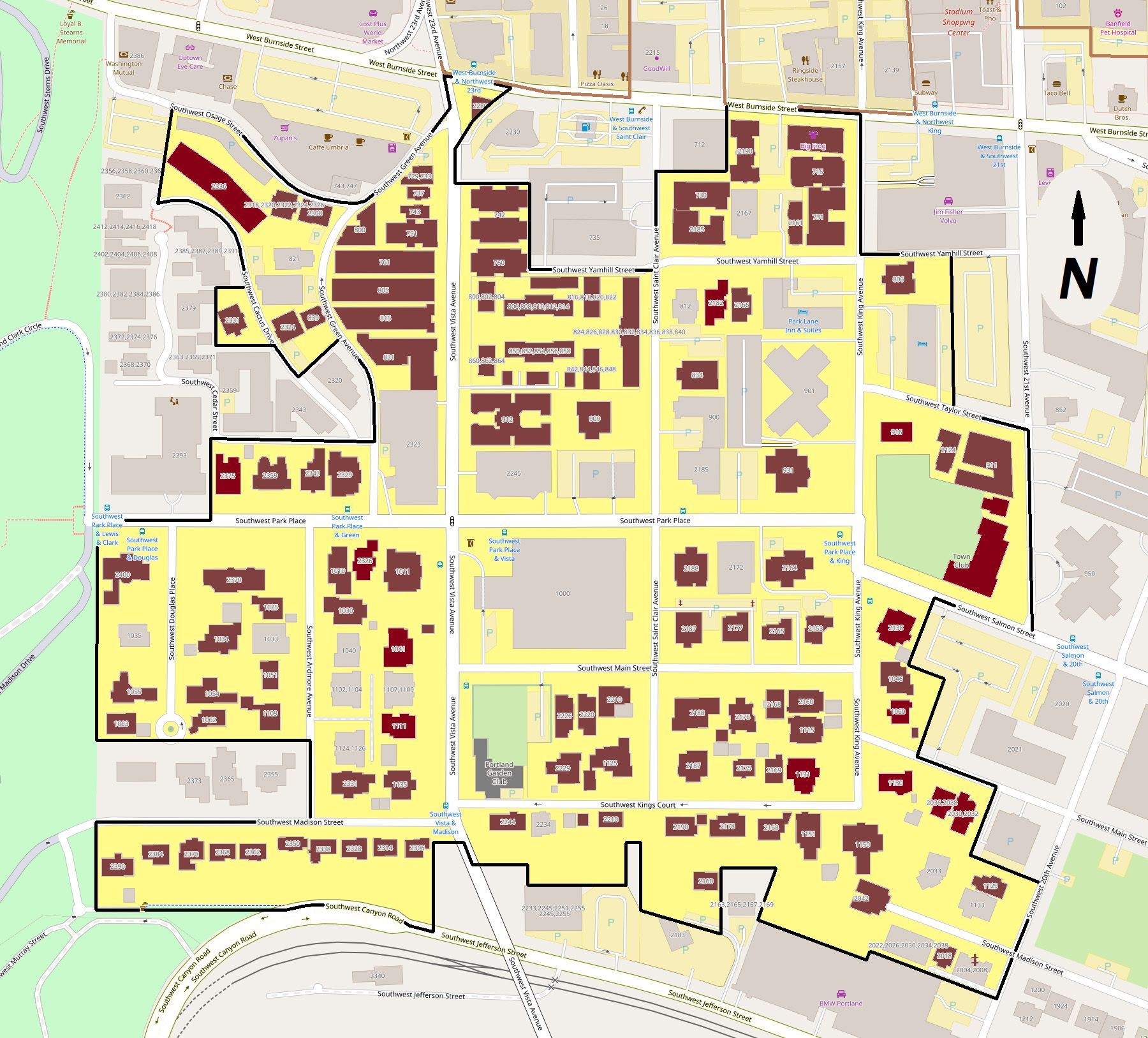 A map of the King's Hill neighborhood shows its prime location between the bustle of downtown and the tranquility of Washing Park. 