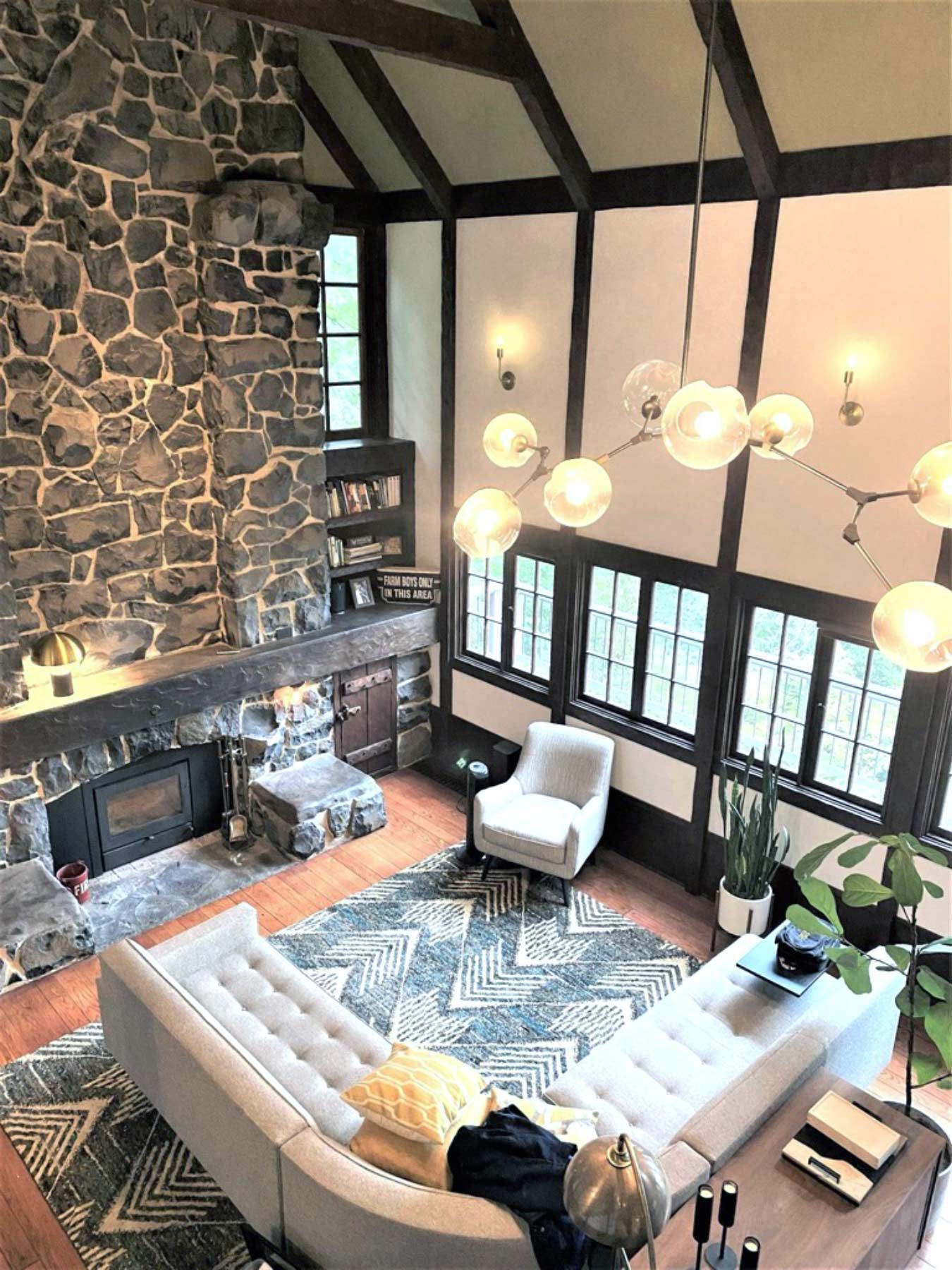 Vaulted interior living room of the Edward Dimmit House in the Columbia River Gorge. 