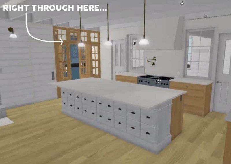 A computer generated image of a kitchen that says right through here