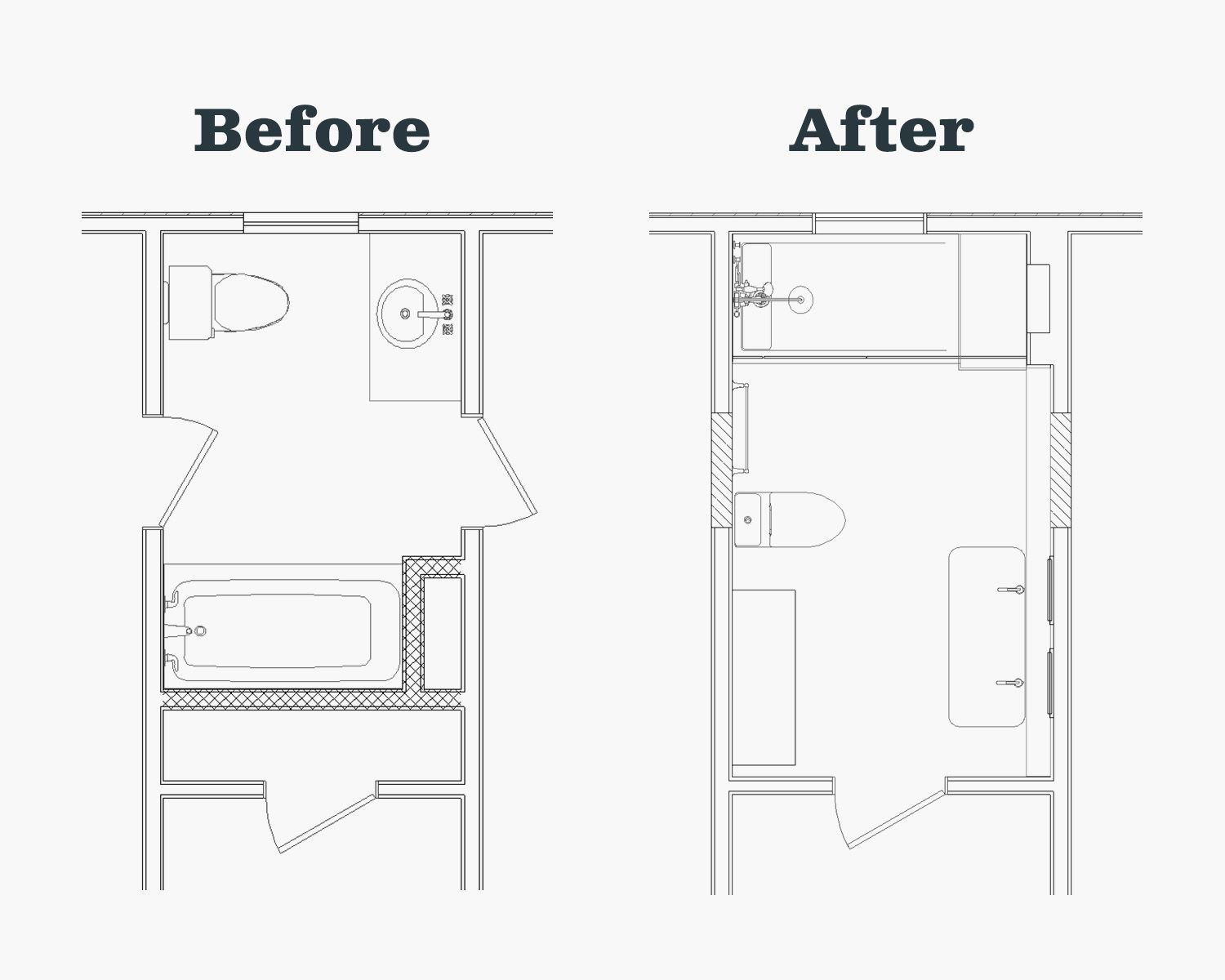 A small bathroom formerly positioned between two bedrooms was enlarged and made accessible from the hallway. A freestanding linen cabinet replaces the original linen closet.