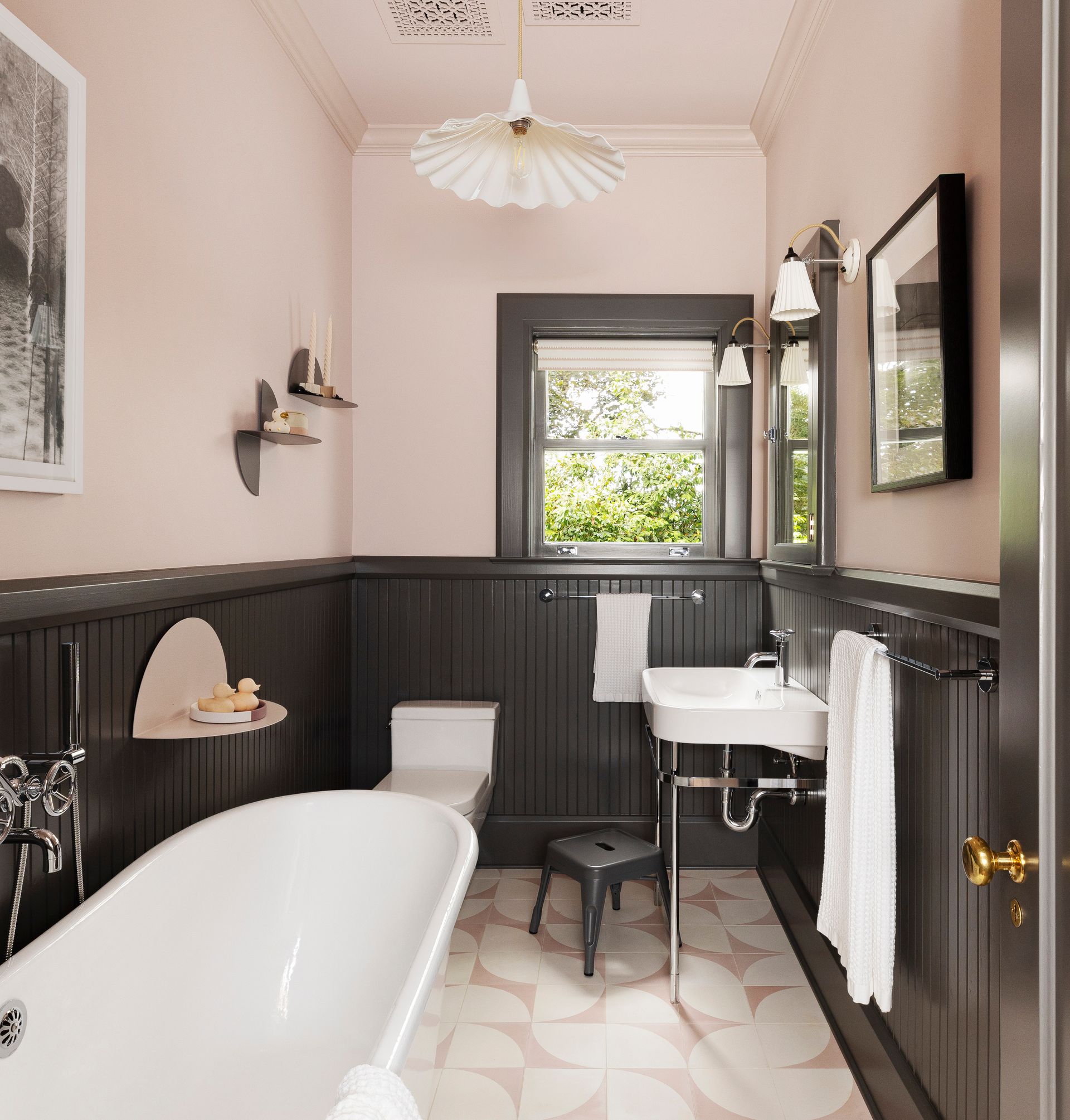 Newly remodeled children's bathroom in 1913 Colonial Revival home. 