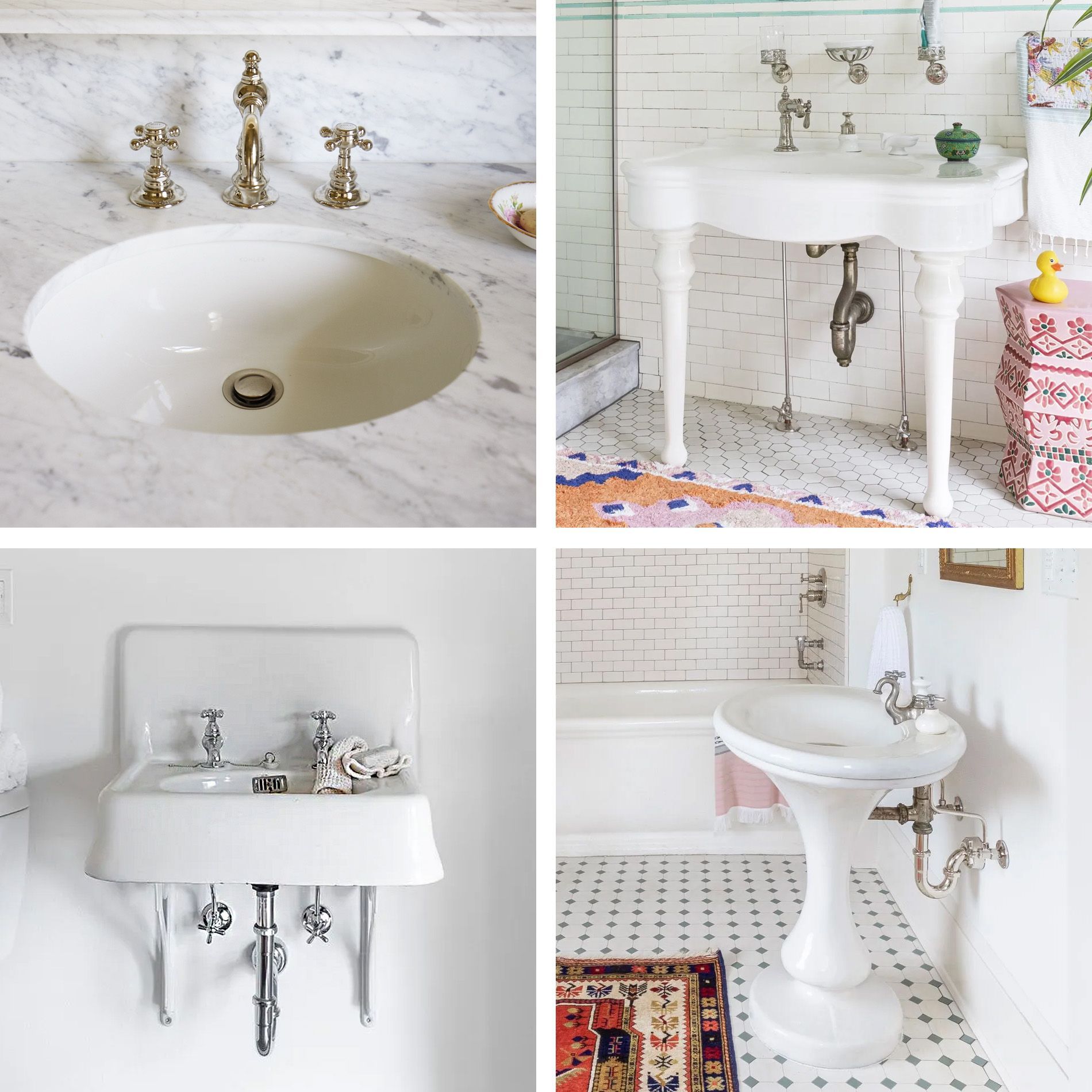 Choosing a sink that suits the space, your needs, and your personal preference is one of the key decisions in updating your vintage bathroom. Common sink options are undermount vanity, console, wall-mounted, and pedestal. 