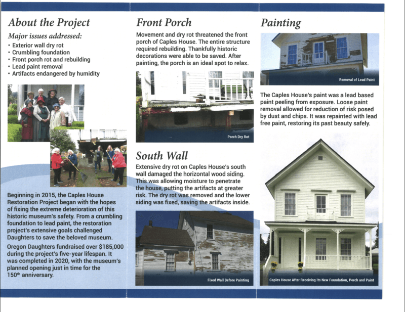 Daughters of the American Revolution pamphlet about restoring Caples House - the front porch, south wall and paint.