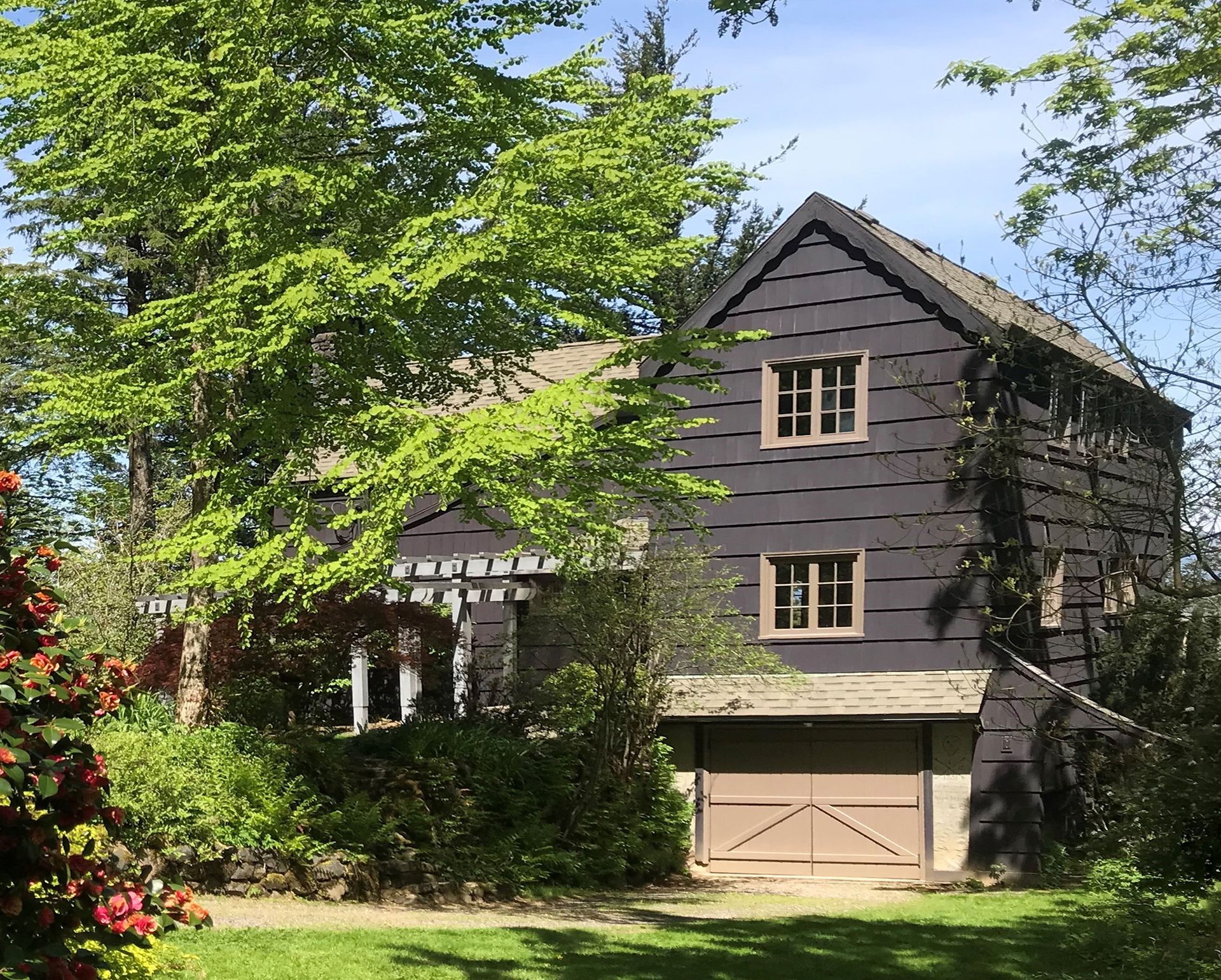 Exterior of the 1932 eclectic Tudor - The Edward Dimmit House - in the Columbia River Gorge