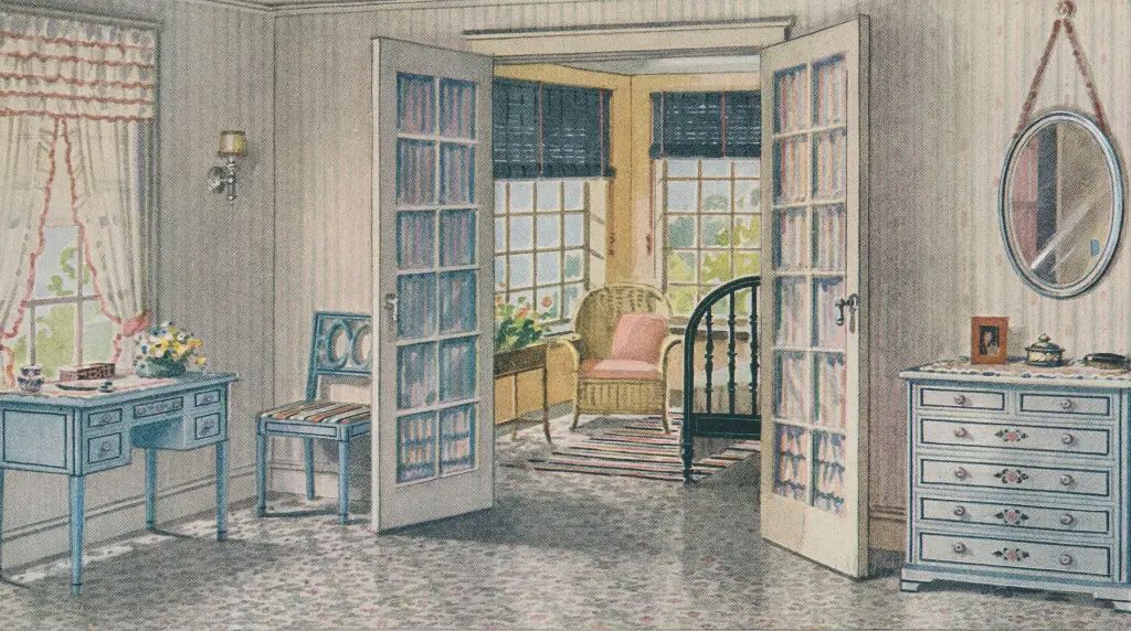 A 1922 Armstrong ad shows patterned linoleum extending from the bedroom into the adjoining sleeping porch. Linoleum was a practical, easy to clean and weather friendly choice for these indoor/outdoor porches.