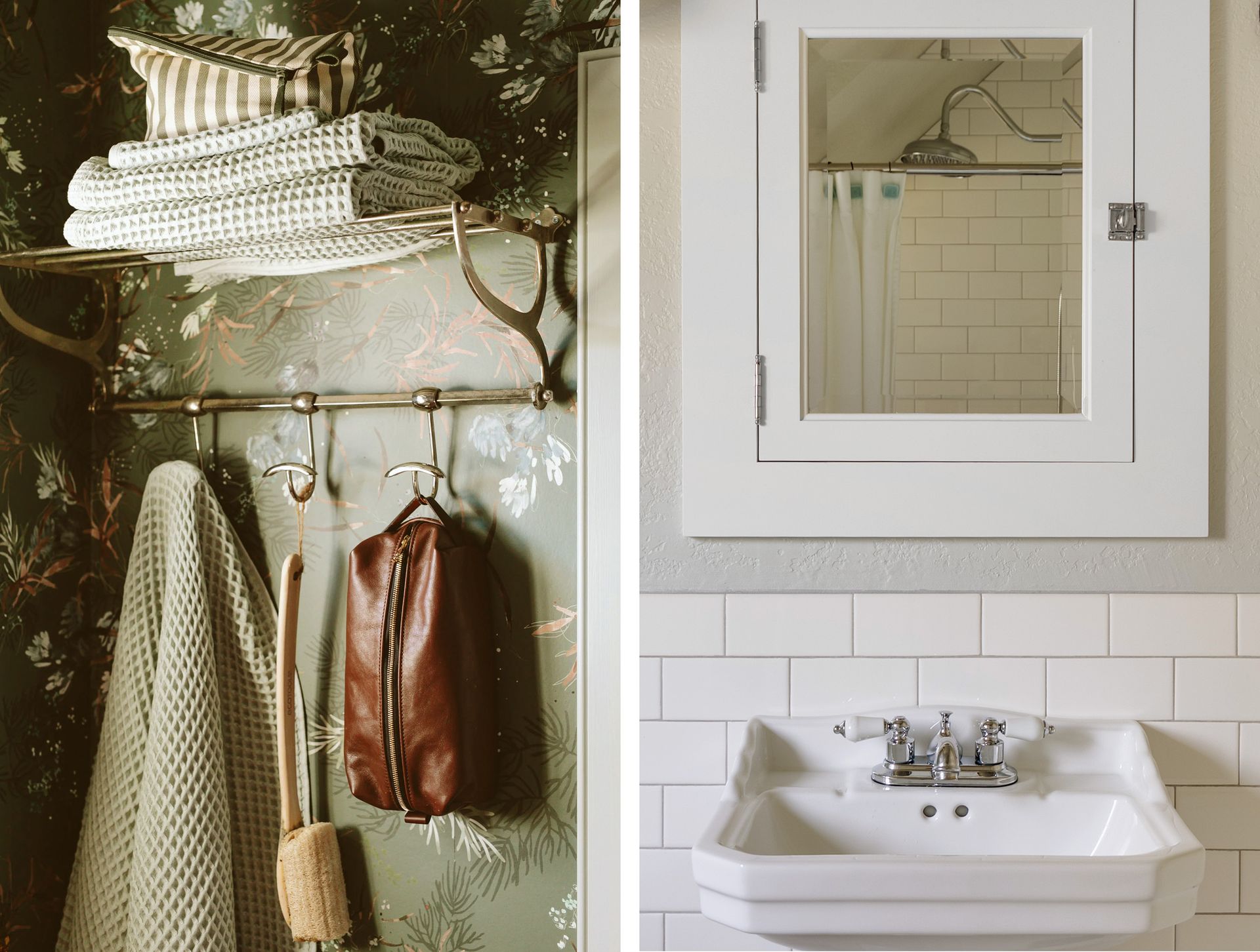 A vintage style train-shelf is a multifaceted storage solution in a bath without a vanity. A medicine cabinet near the sink is ideal for everyday toiletries and medicines.