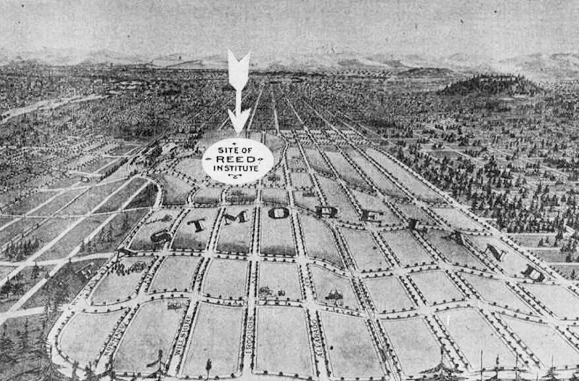 The plan of Eastmoreland in the 1910s showing the softly curving grid of streets and the site of Reed College at the northern end. 