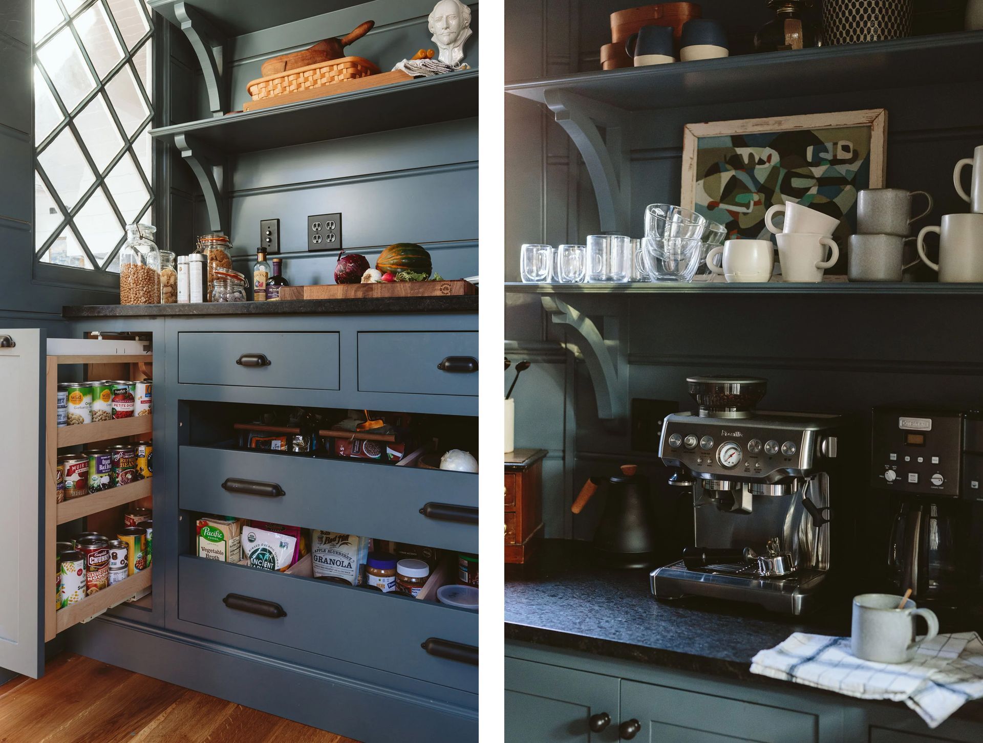 Drawers, pullouts, cupboards, and soapstone counters provide ample storage for food, dishes, and appliances.
