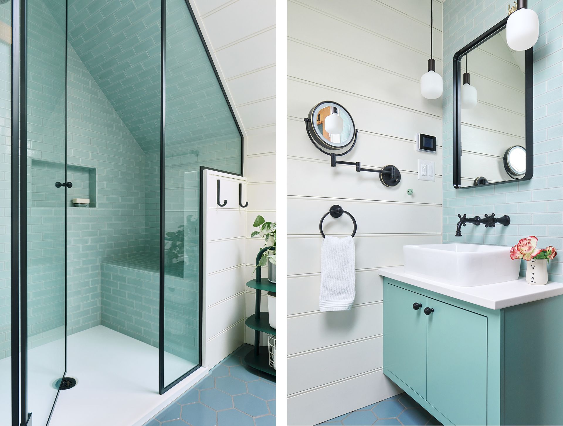Arciform inserted a new bathroom into a tight space under the eaves. By adding a skylight and choosing soothing colors and simple finishes, the space feels larger and brighter than you would expect.