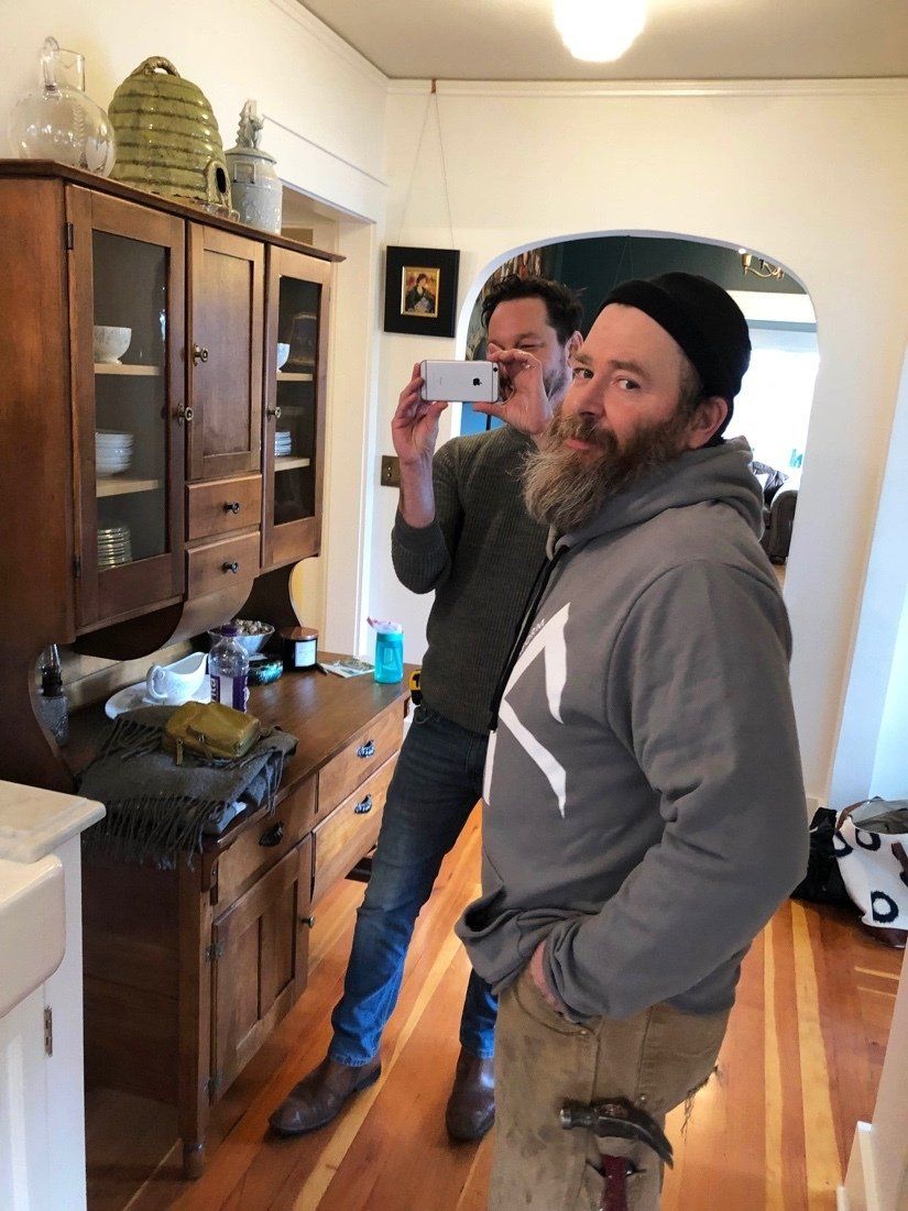 Lead carpenter Jamie Whitaker and senior project manager Adam Schoeffel were on hand to adjust some doors and hang additional salvaged shelving.