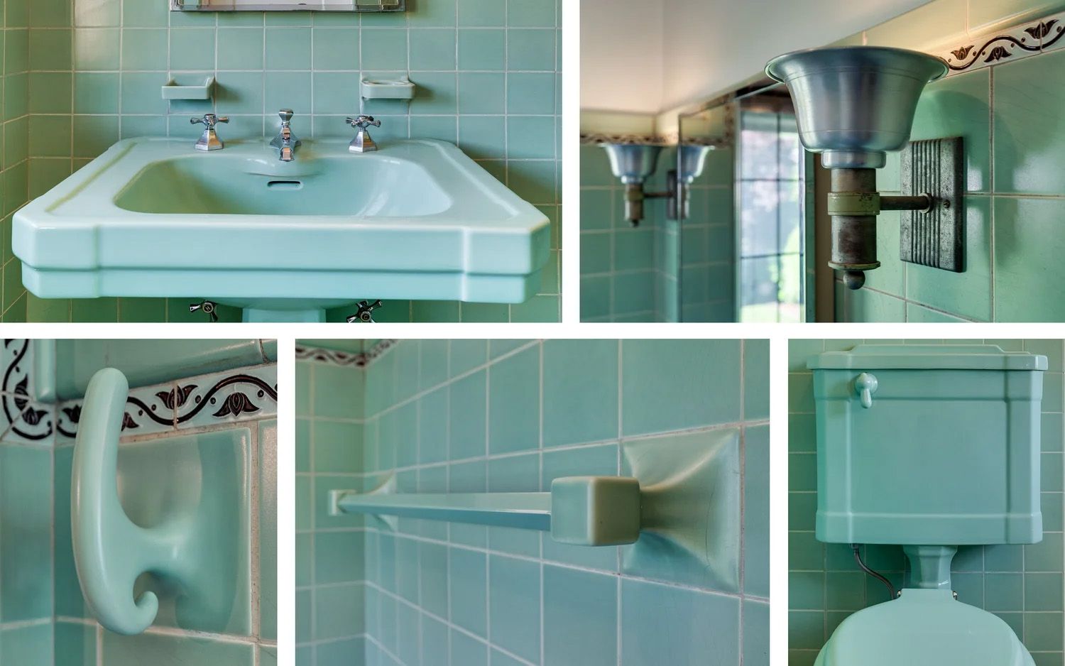 In 1920s and 30s bathrooms, the pedestal sink was often part of a suite, including the toilet and built-in hooks, bars, and accessories.