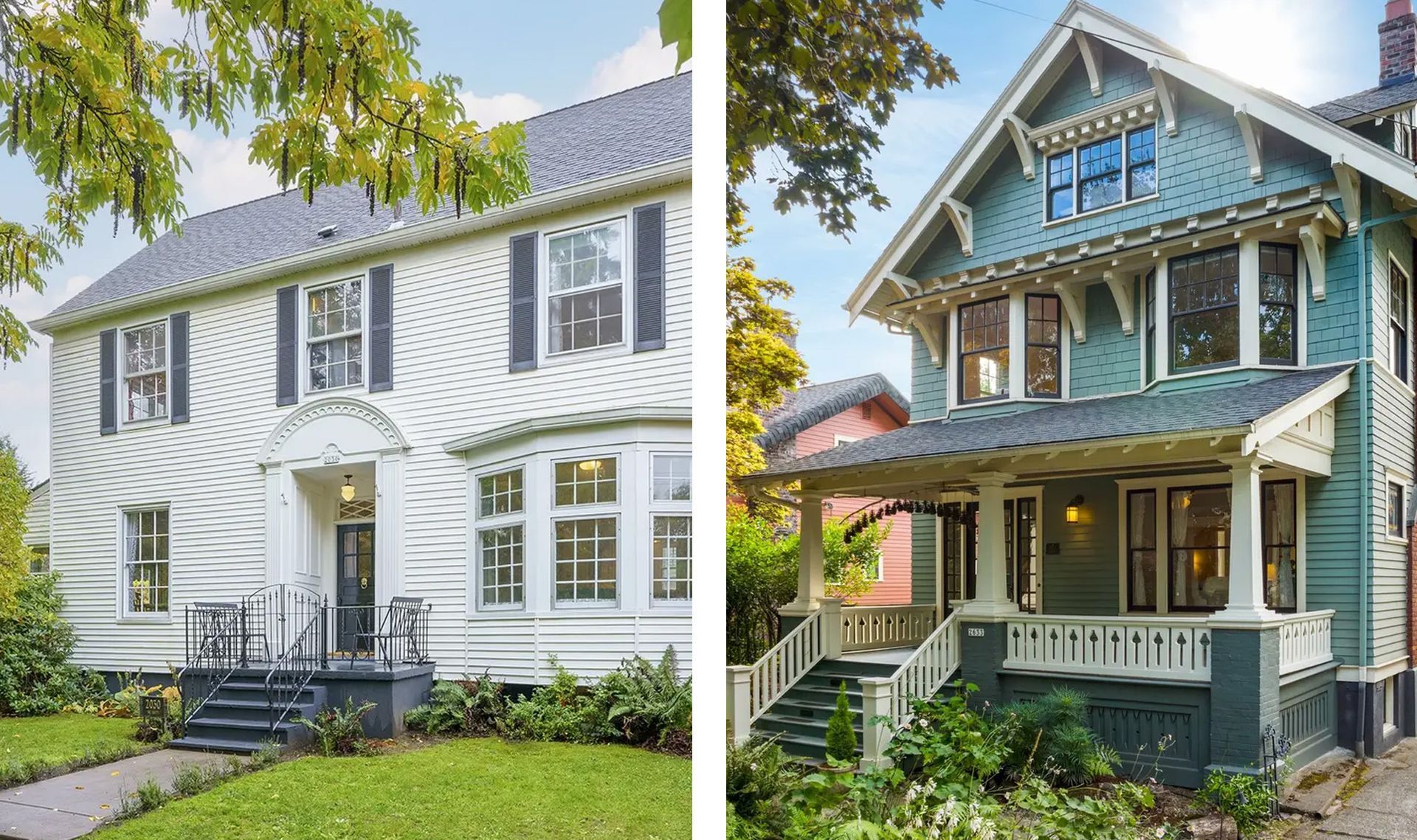 Although this 1911 Irvington home (left) is lovely and well-maintained, due to significant alterations from when it was built as a Craftsman style home, it is listed as non-contributing. The contributing house next door was built by the same builder and shows how significant the alteration was.