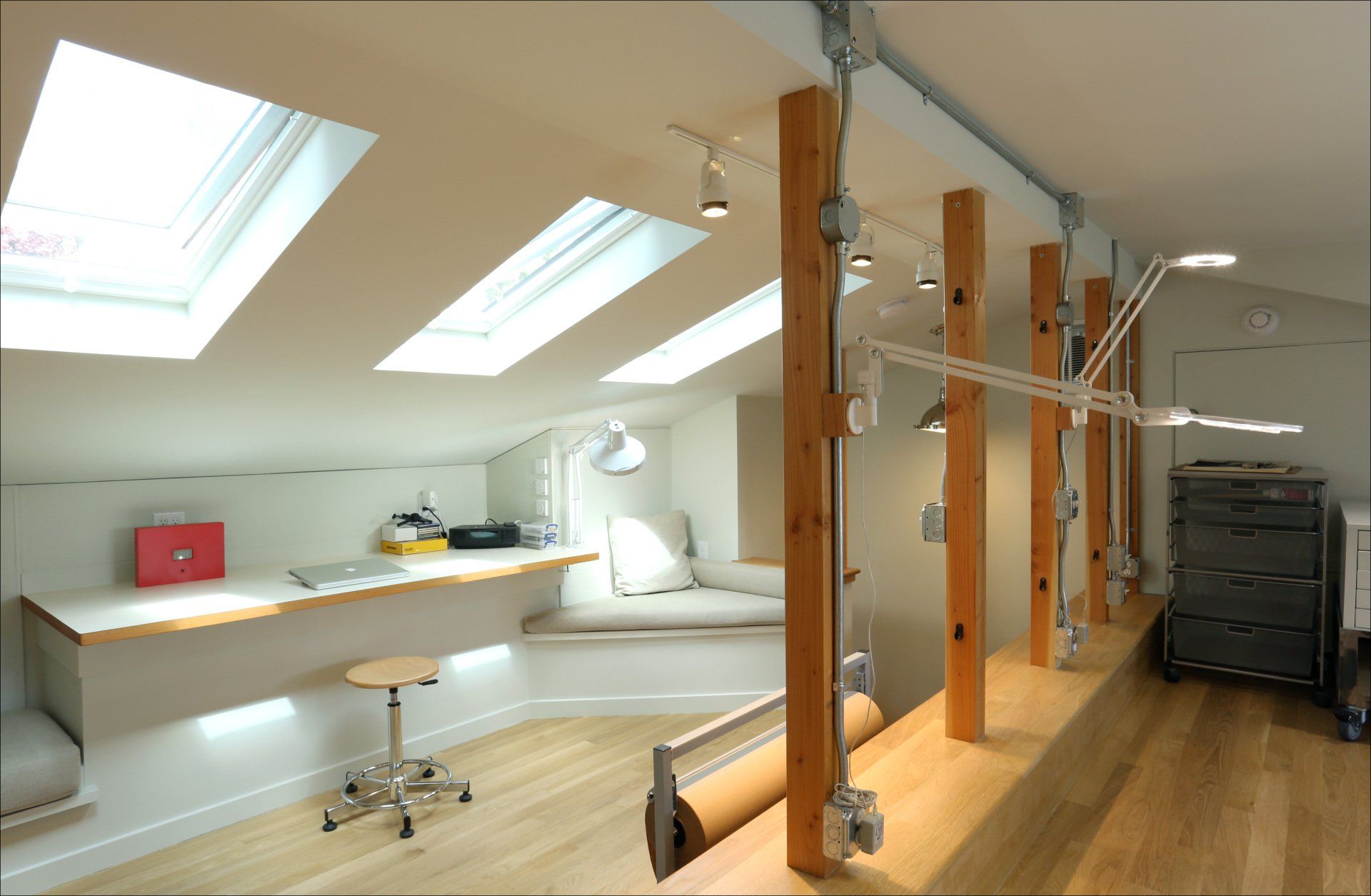 Skylights in the new studio space in a 1976 mid-century modern ranch home. 

