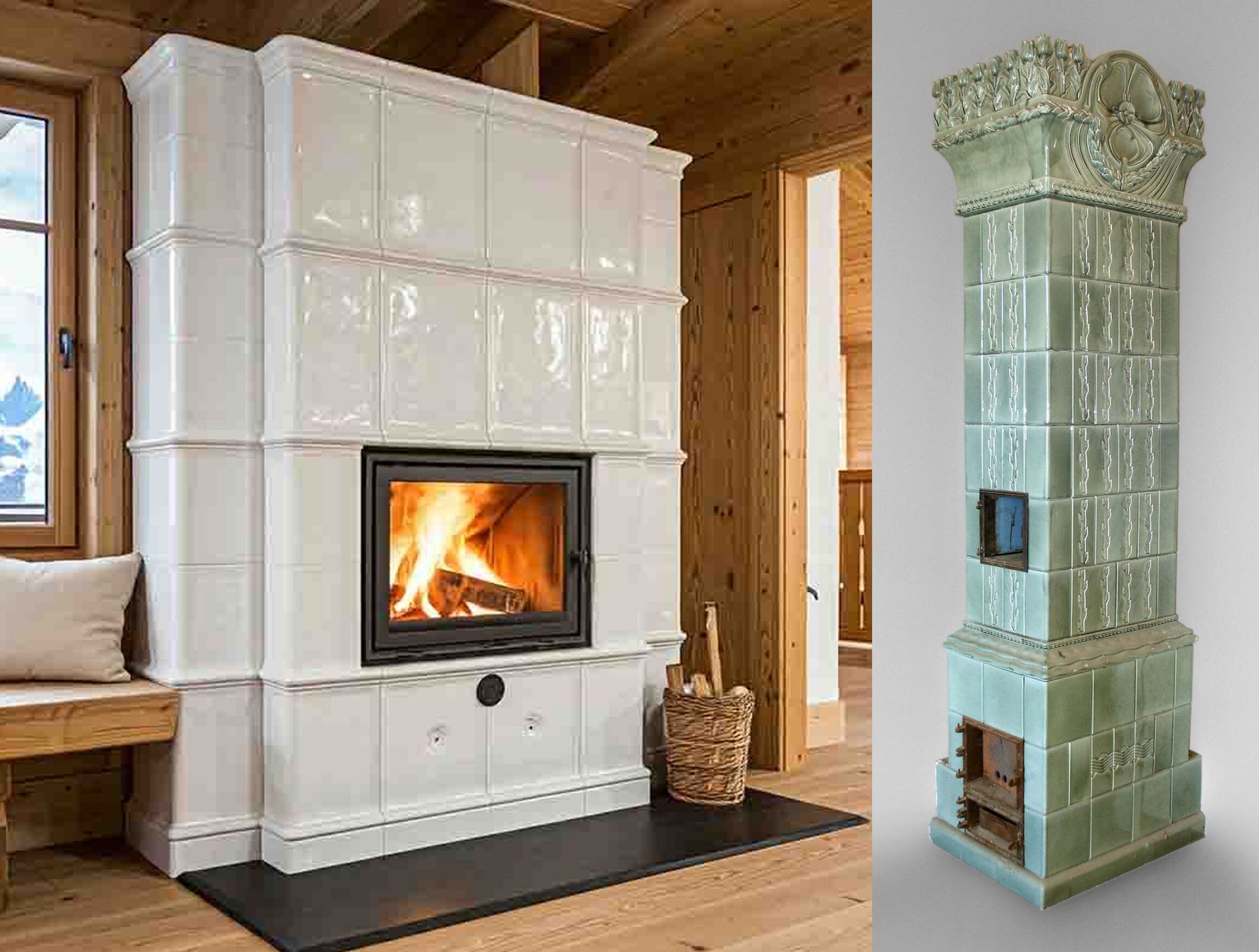 In Germany, Austria, and Switzerland, a tiled Kachelofen is the center of the home. The white fireplace at left is a modern interpretation, while the green free-standing stove is a 19th century antique.