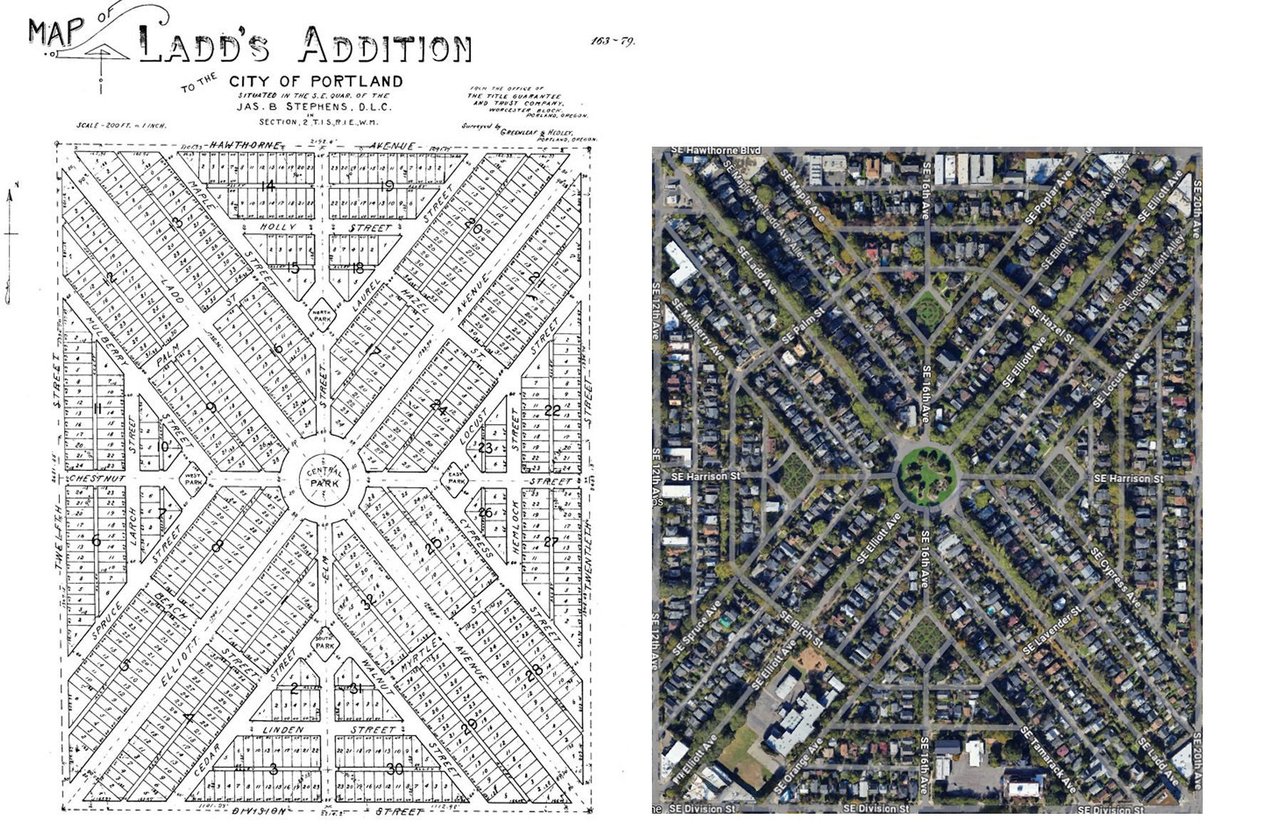 Left: The Ladd's Addition original plot plan of 1891, which was put on hold until the first houses were built starting in 1905. Right: The neighborhood today, showing the blocks completely filled in and the streets lined with mature trees.