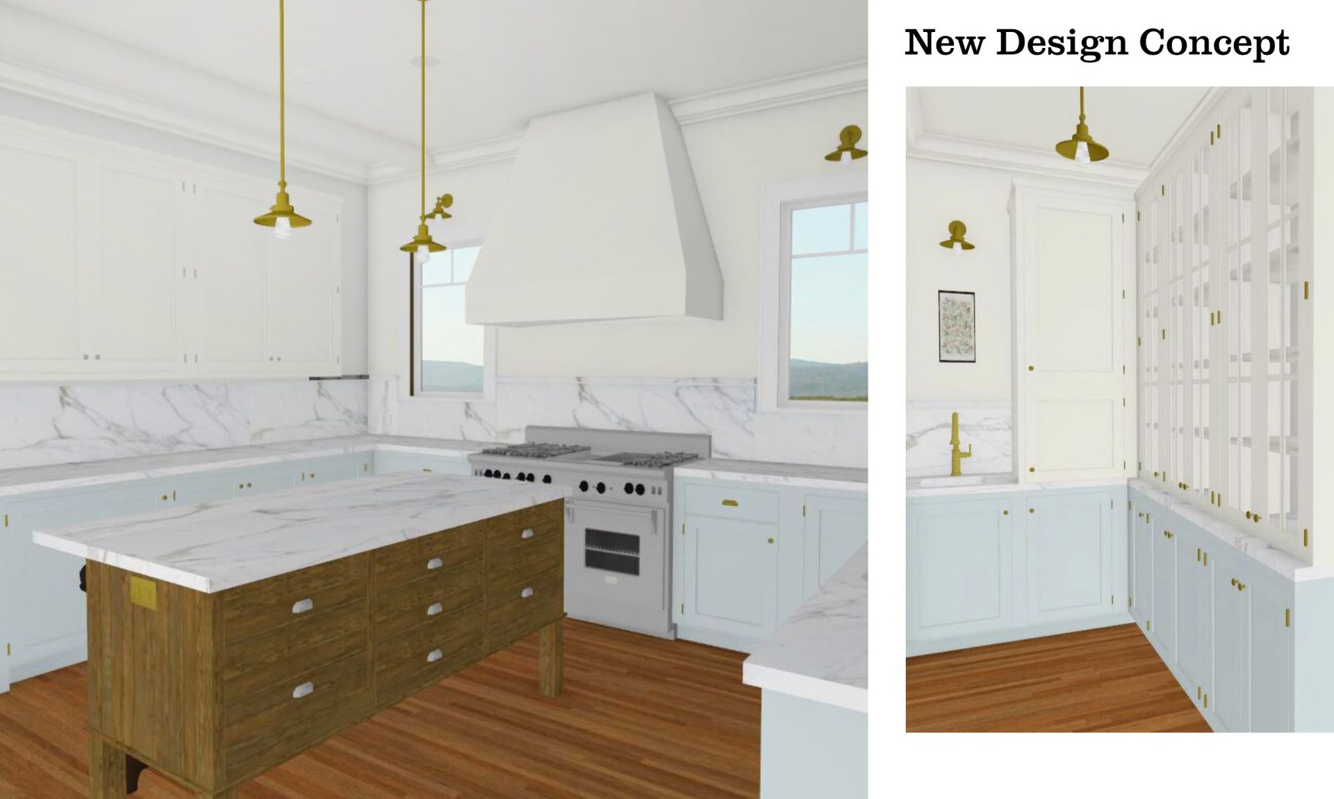 Arciform's concept for the new kitchen in this 1930s Lake Oswego Tudor features period style cabinets, a sturdy marble topped work table, and a butler's pantry with glass cabinet doors. 