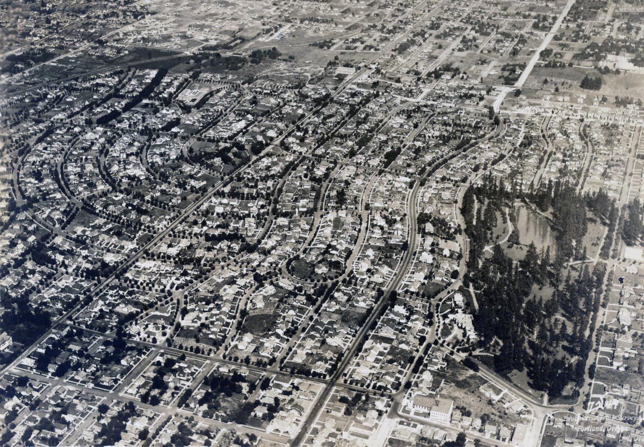 An early arial view of the Laurelhurst neighborhood showing the curving street pattern and forested park to the south. 