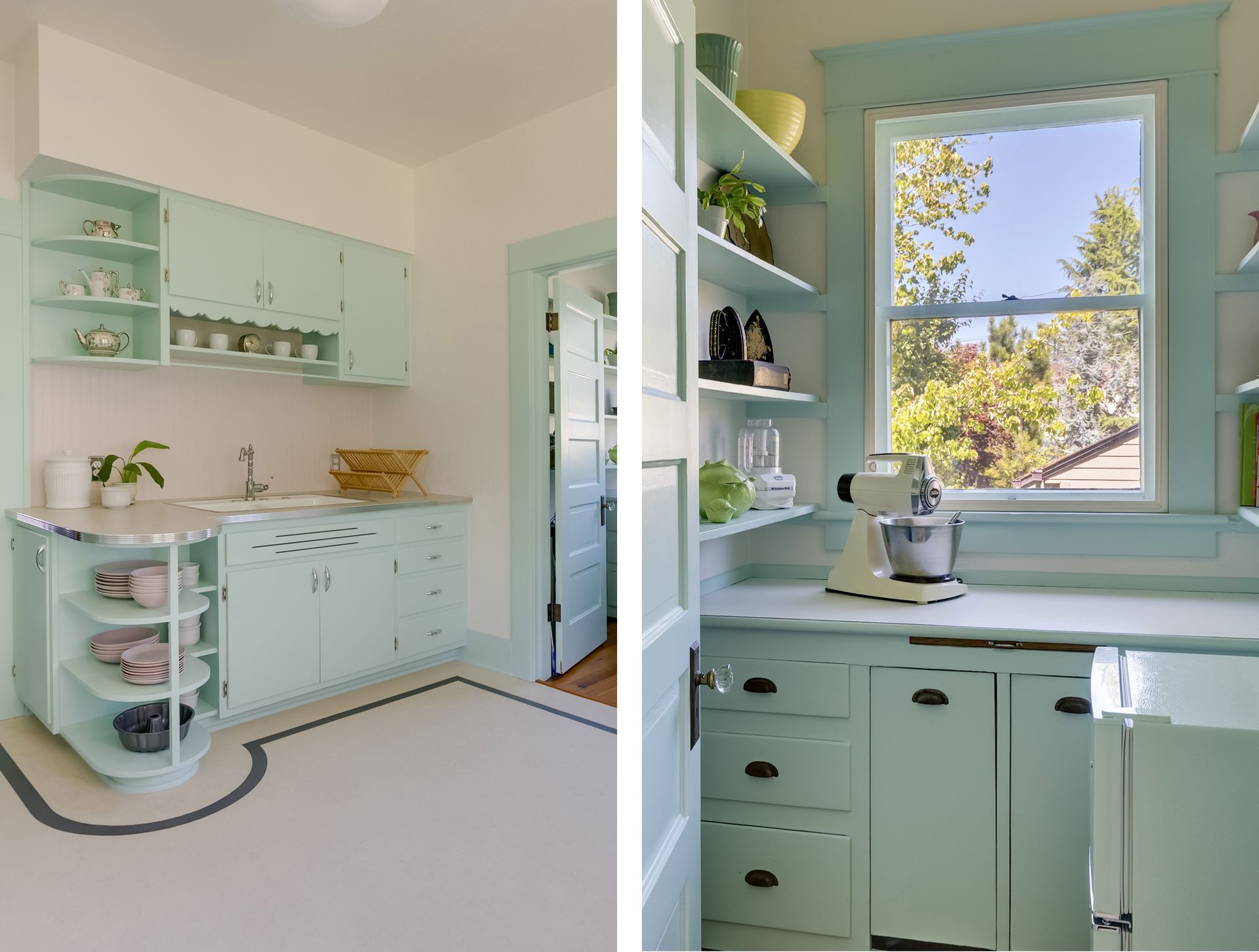 A walk-in pantry provides essential storage space in this Oregon City bungalow, which had little room for upper cabinets. 
