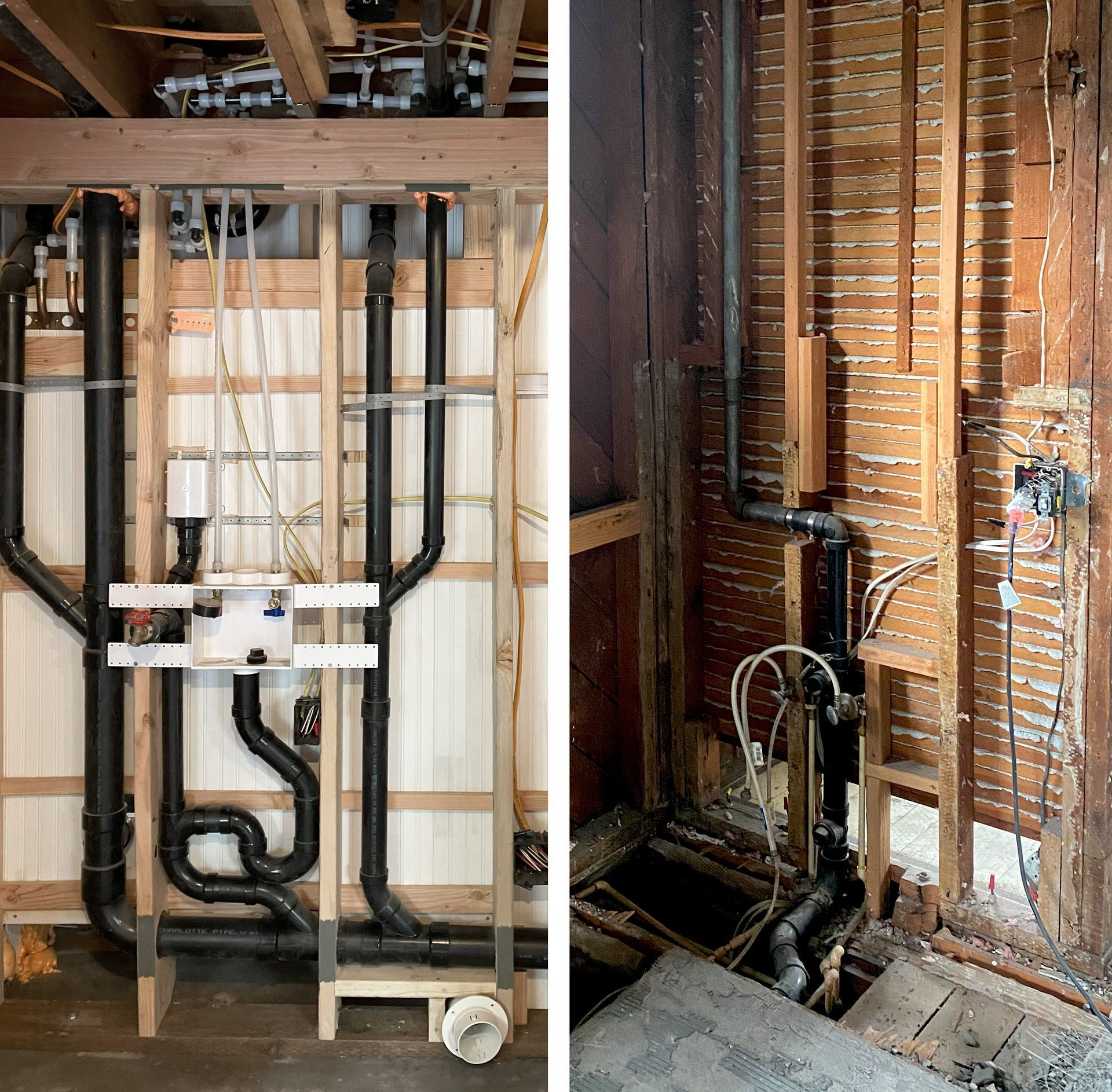 The complications of plumbing, wiring, and framing (both original and from previous remodels) come to light during demolition (right). A newly framed section (left) accommodating multiple bathrooms and a laundry area demonstrates the complexity of modern plumbing systems.