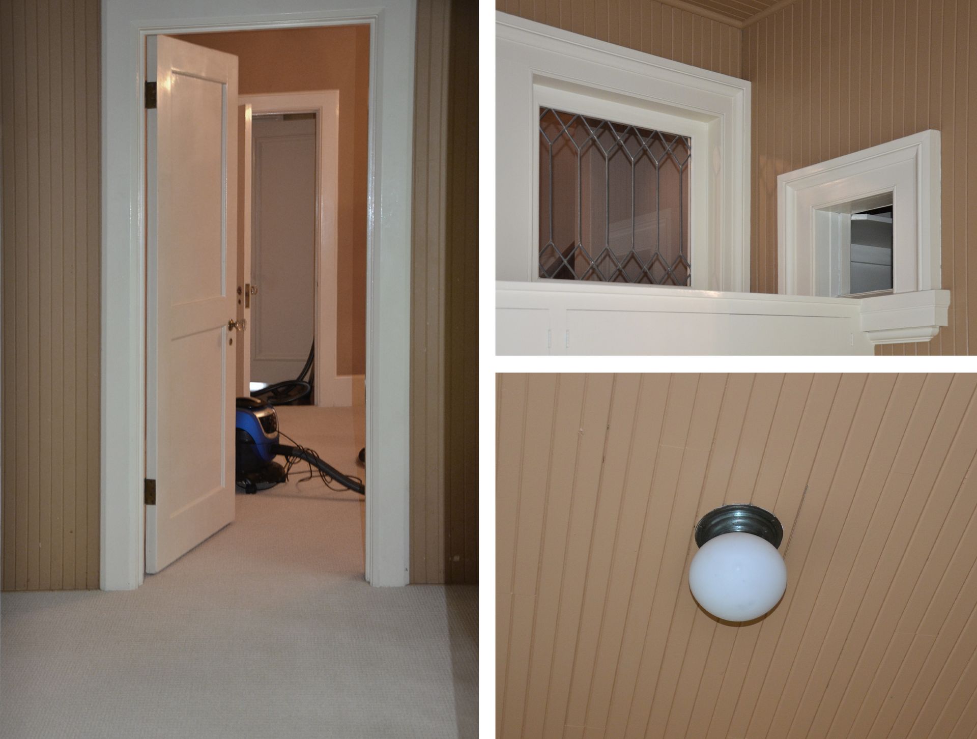 When turning this former sleeping porch into a character-filled laundry room, Arciform preserved the beadboard walls and ceiling, leaded-glass windows, and original doors/millwork.