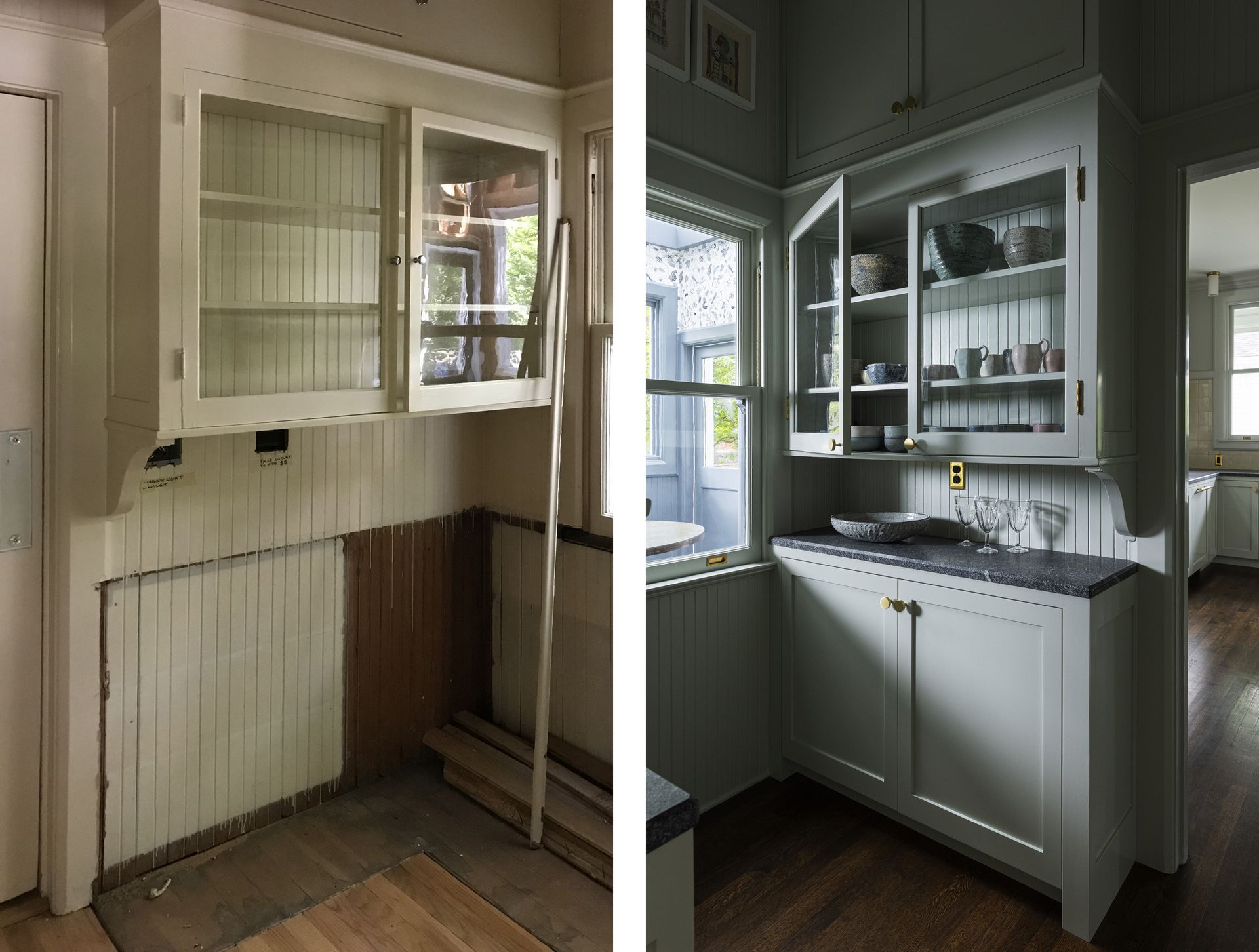 The original butler's pantry in this 1913 colonial revival was remarkably intact, but needing a facelift. To improve functionality, Arciform replaced the shallow wrap-around lower cupboards with deeper cupboards on either side, raised the counter height, and installed soapstone counters. New upper cupboards to match, aged brass hardware, and fresh paint complete the transformation. 