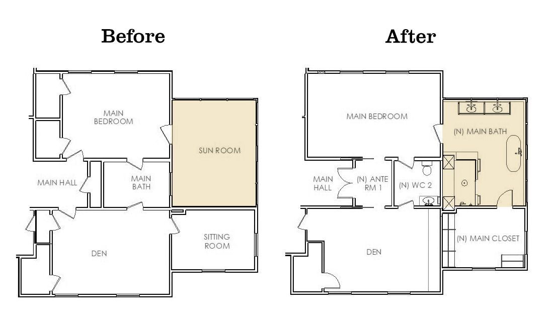 In this 1913 Colonial Revival, a large sunroom / sleeping porch off the primary bedroom was the perfect candidate for conversion to a luxurious primary bathroom. It offered space for both a walk-in shower and freestanding tub, as well as a double vanity. An adjacent sitting room was reconfigured as a well-appointed primary closet. 