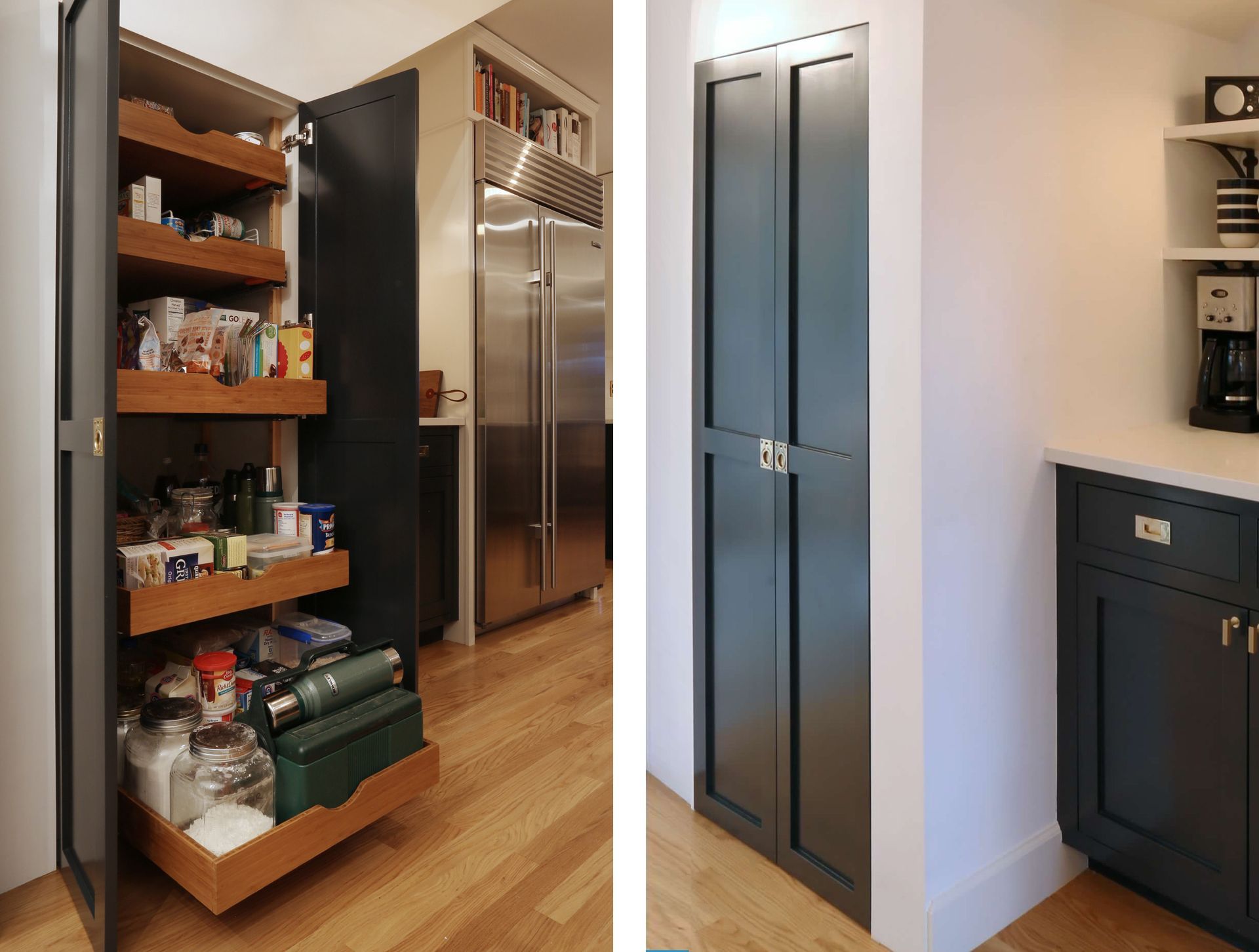Five levels of pull-out shelving maximize storage capacity in this narrow pantry cabinet, located adjacent to the main kitchen area. 