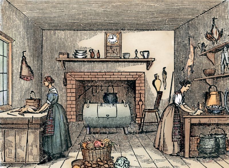 This engraving of a mid-19th century kitchen shows a typical layout with sturdy wooden shelves along the walls.