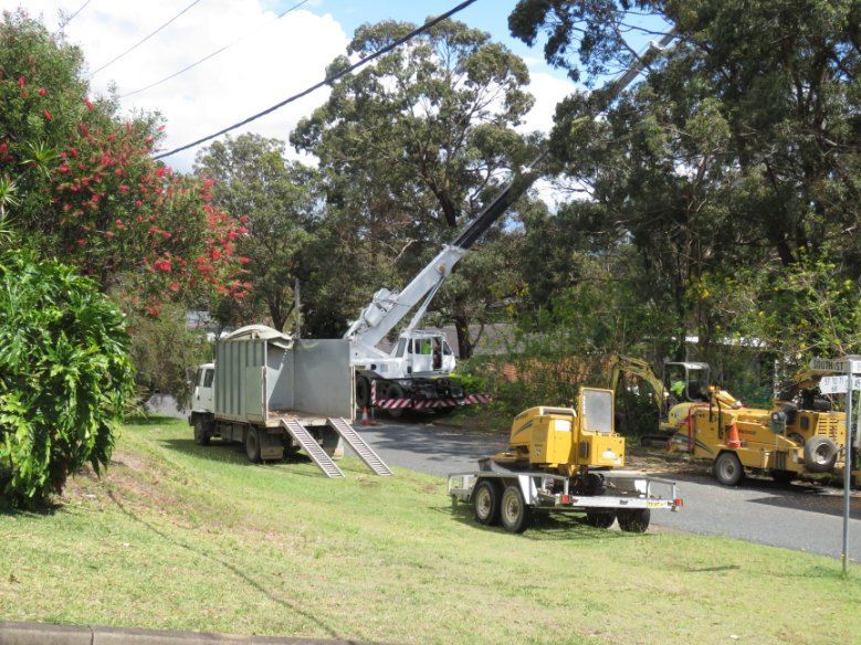 A Truck With a Crane Attached to It is Parked on the Side of the Road — Jeff Pearce Tree Services in Lansdowne, NSW
