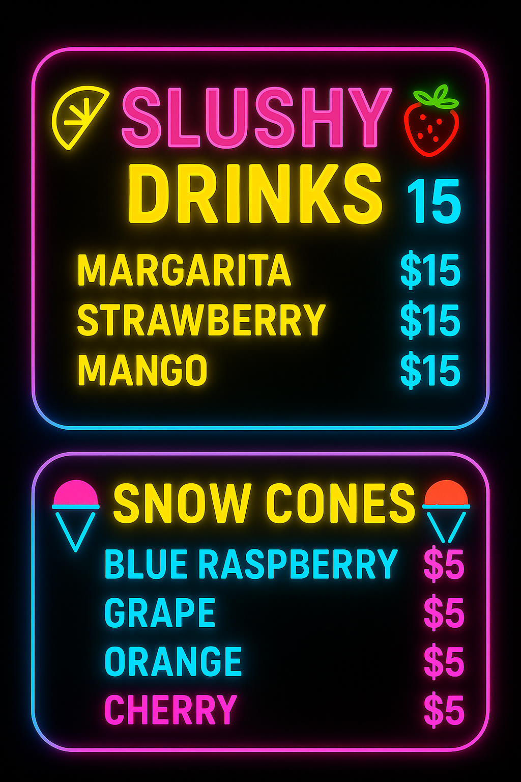 A neon sign for slushy drinks and snow cones.