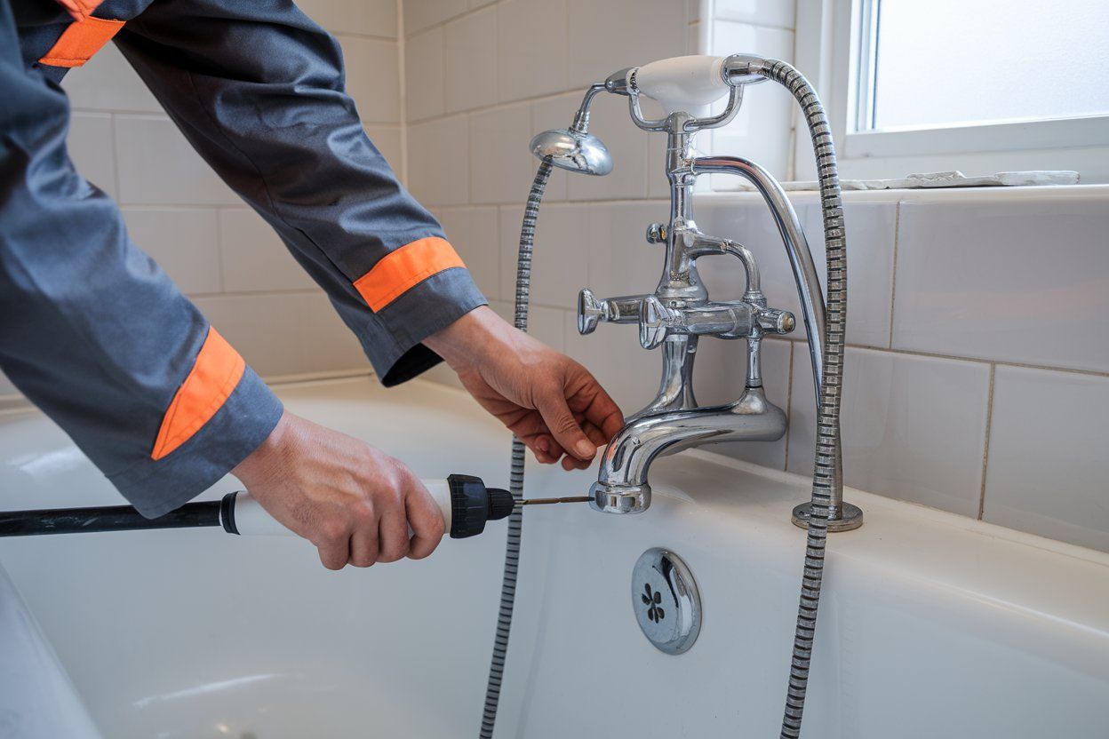 A plumber is fixing a bathtub faucet with a screwdriver.