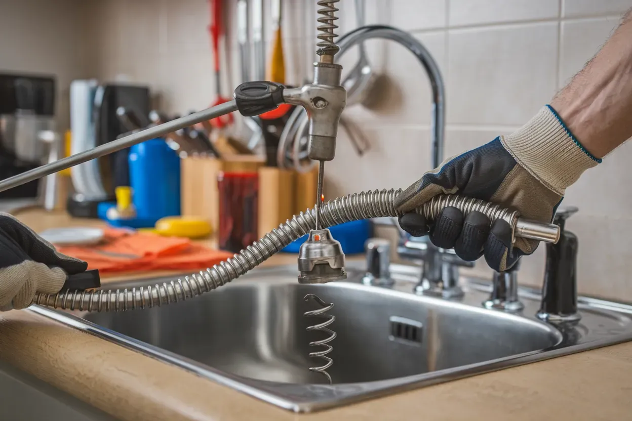 A person is cleaning a kitchen sink with a hose.