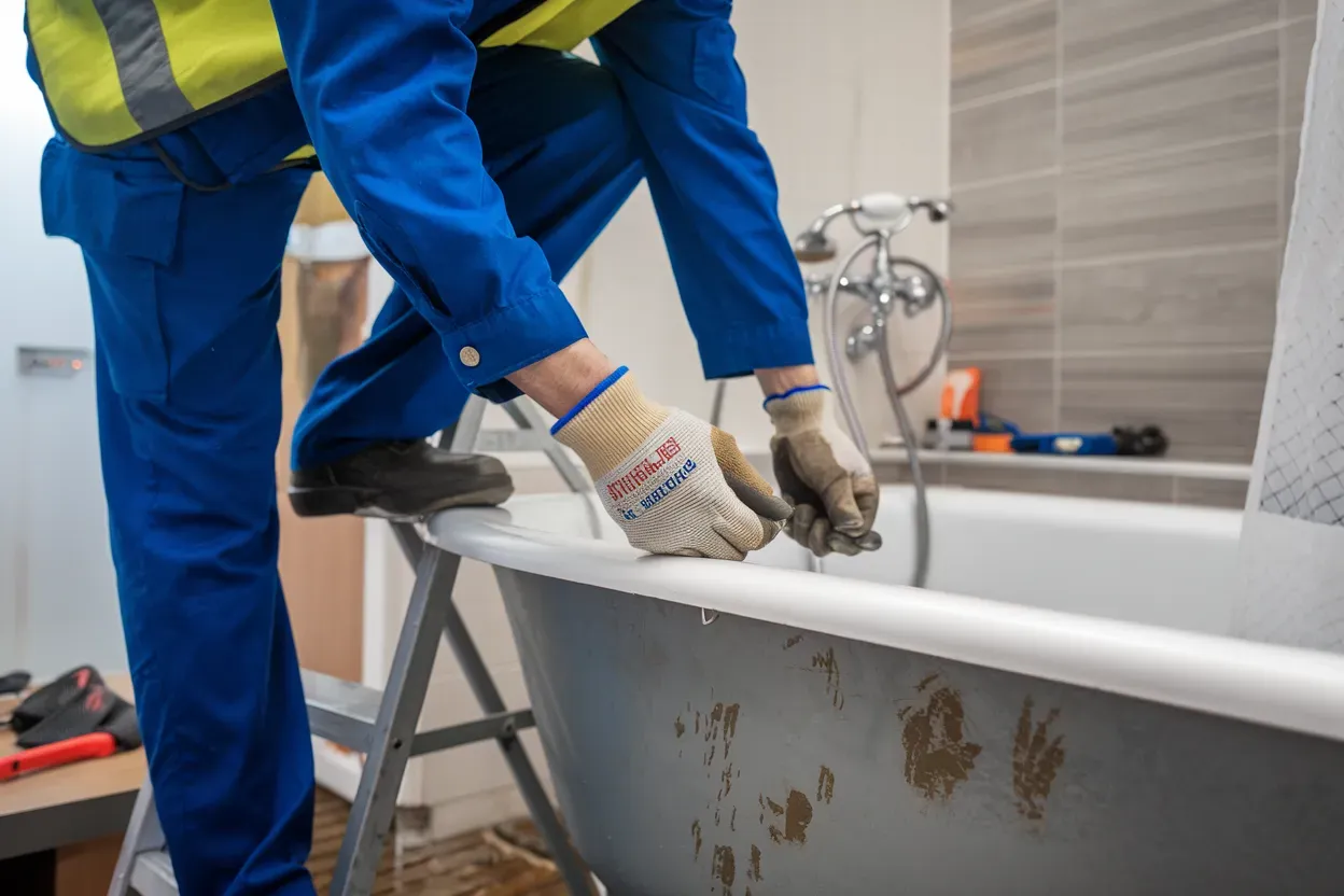 Two men are working on a bathtub in a bathroom.