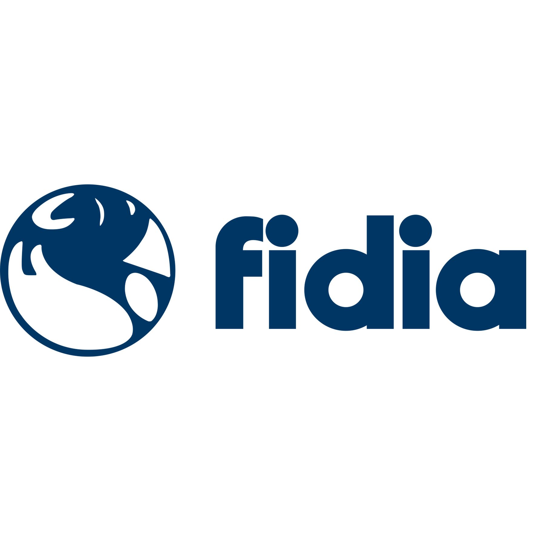 A blue logo for fidia with a bull in a circle.